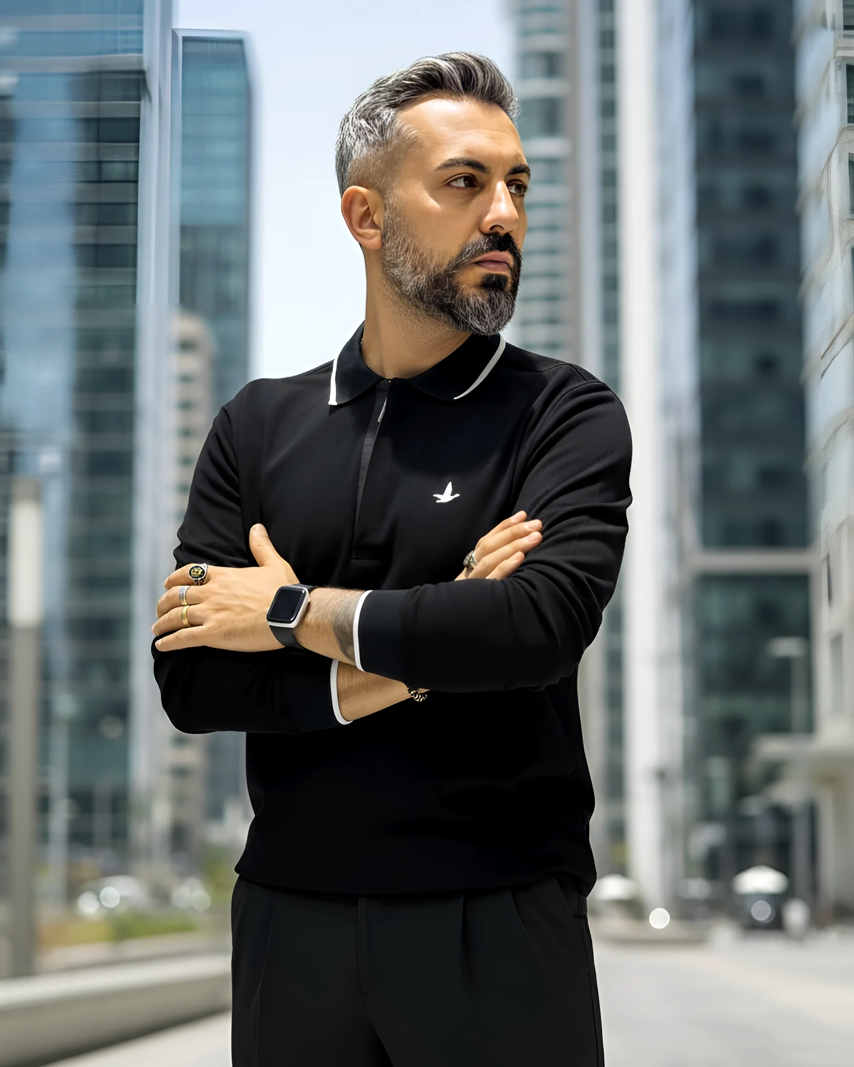 Uzun Kollu  Yarım Fermuarlı Pike Kumaş Erkek Polo - siyah