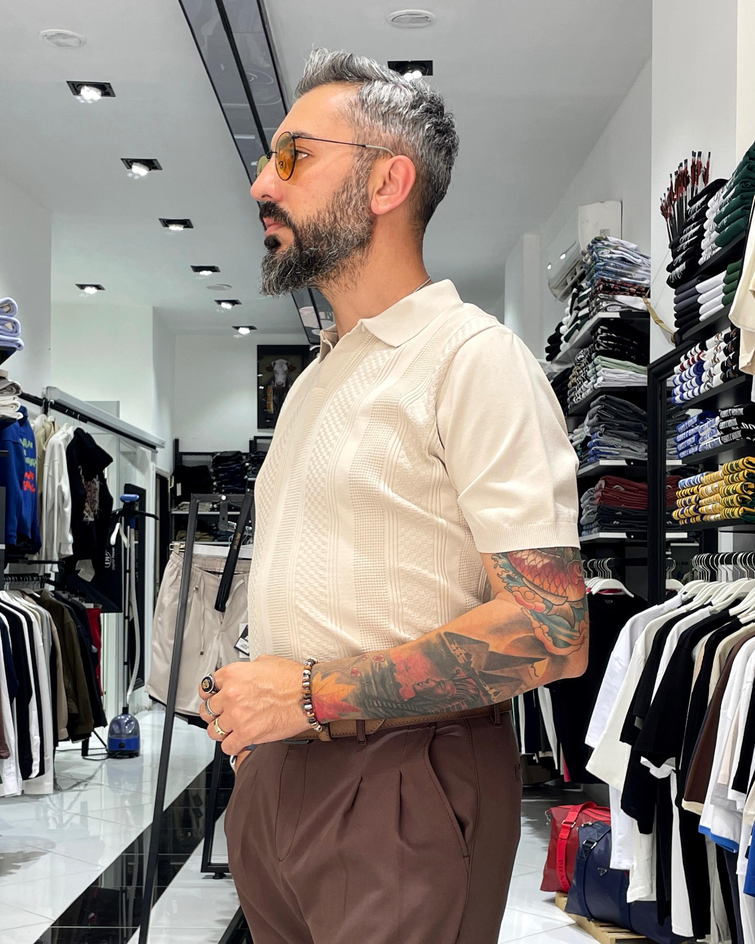 Kendinden Desenli Triko Erkek Polo Yaka T-Shirt - krem