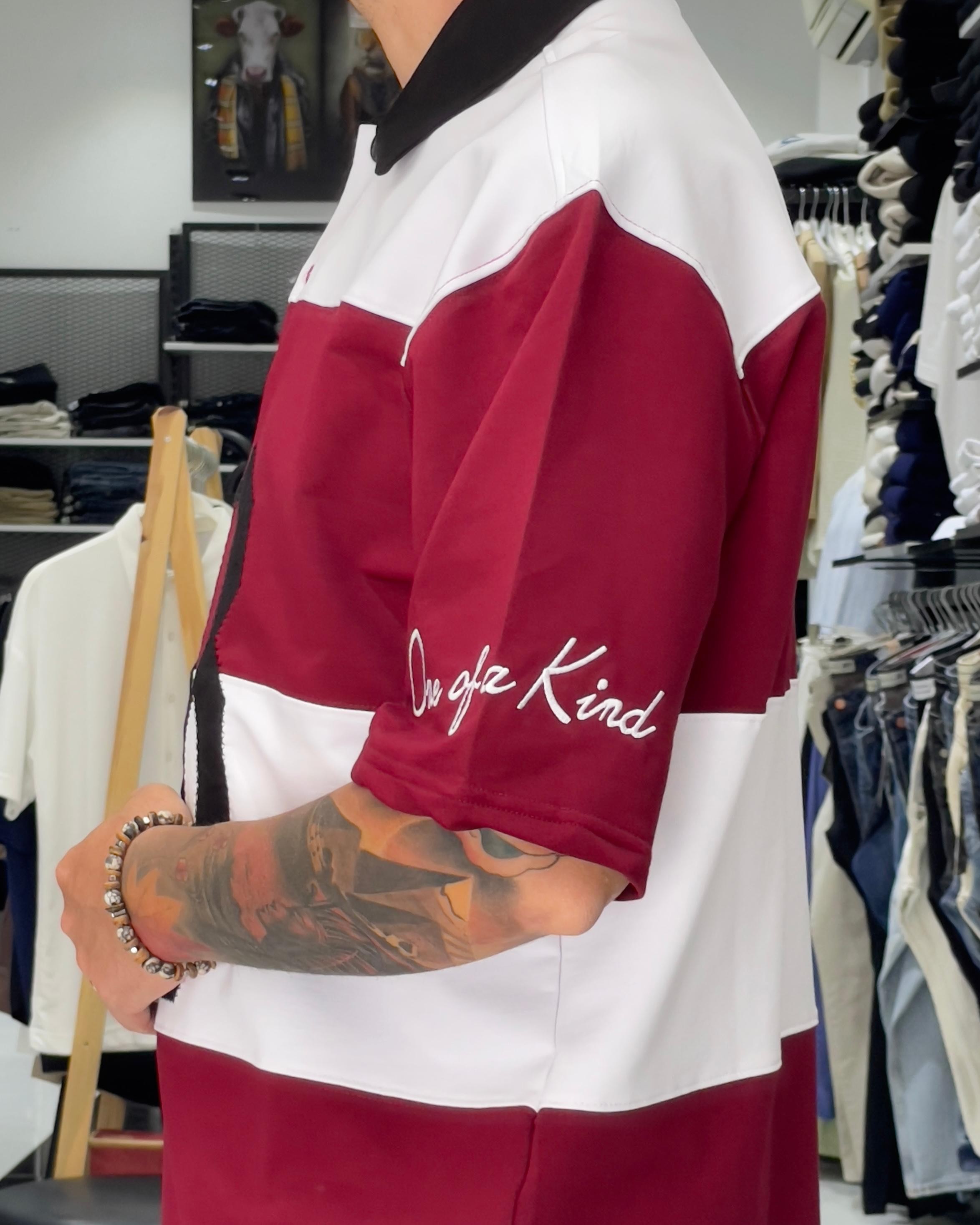 LB Nakışlı Yarım Fermuarlı Oversize Polo Yaka Erkek T-Shirt - bordo