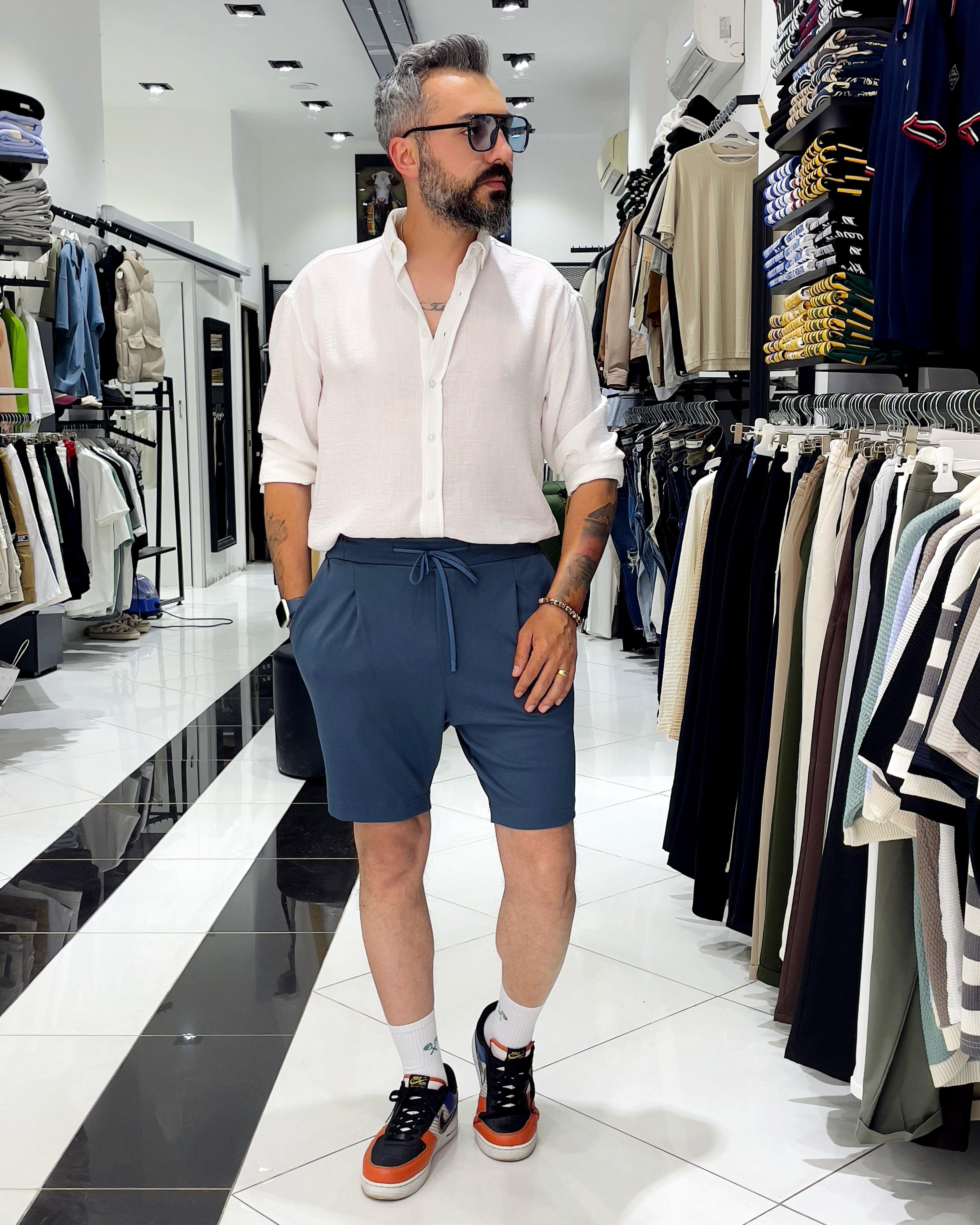Soft Textured Combed Cotton Shorts - Blue