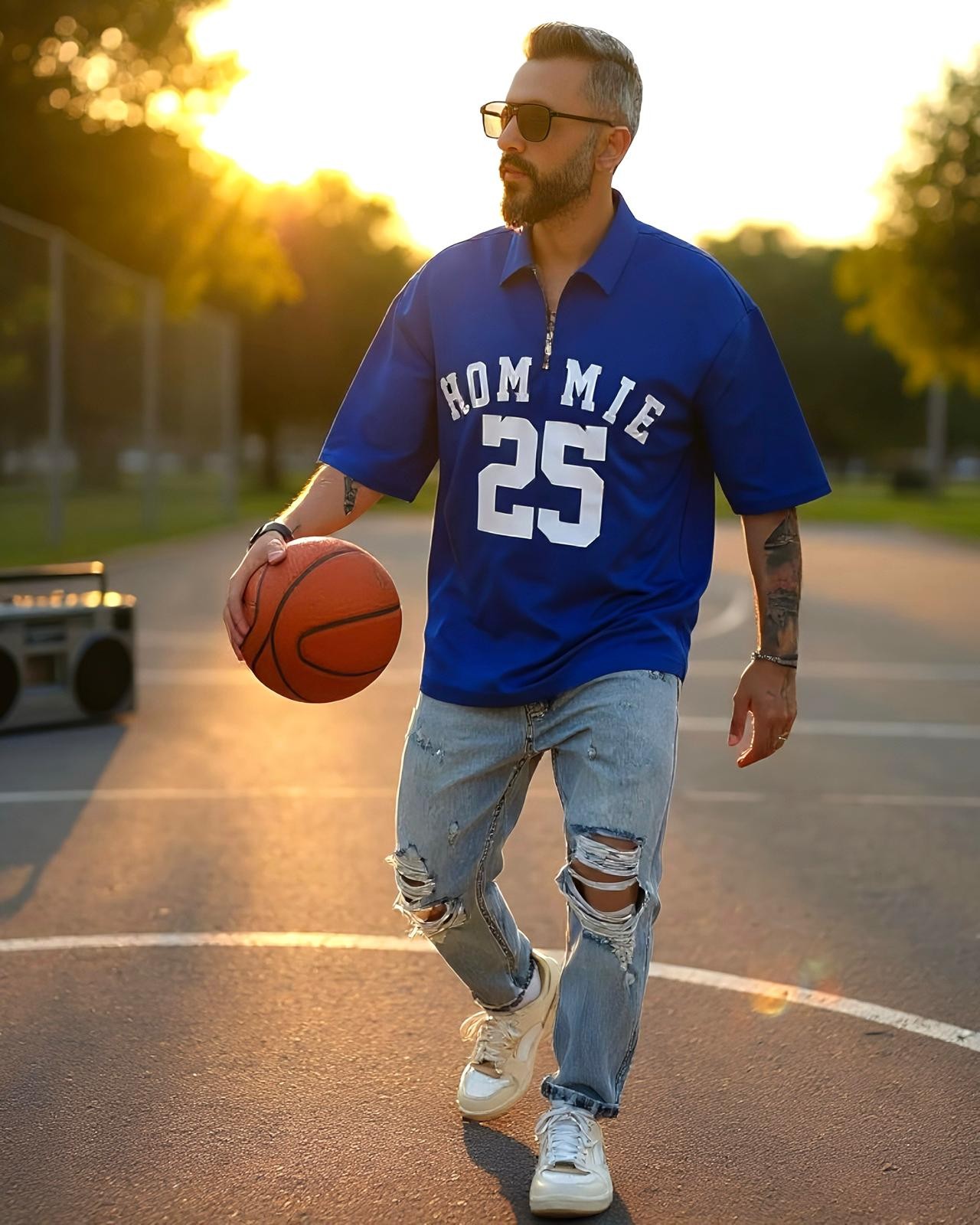 Hommie Baskili Oversize Erkek Polo Yaka T-Shirt - mavi