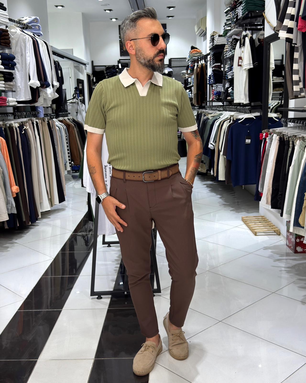 Yaka Detaylı Erkek Triko Polo Yaka T-Shirt - yeşil