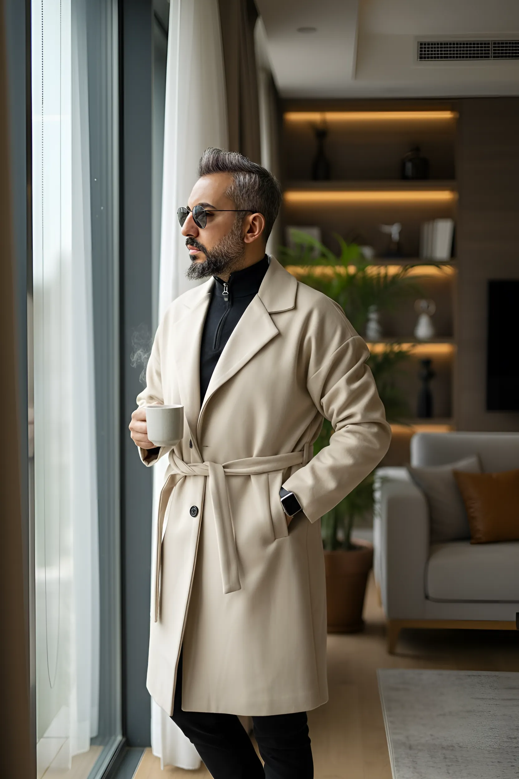 Oversize Erkek Kaşe Kaban - bej