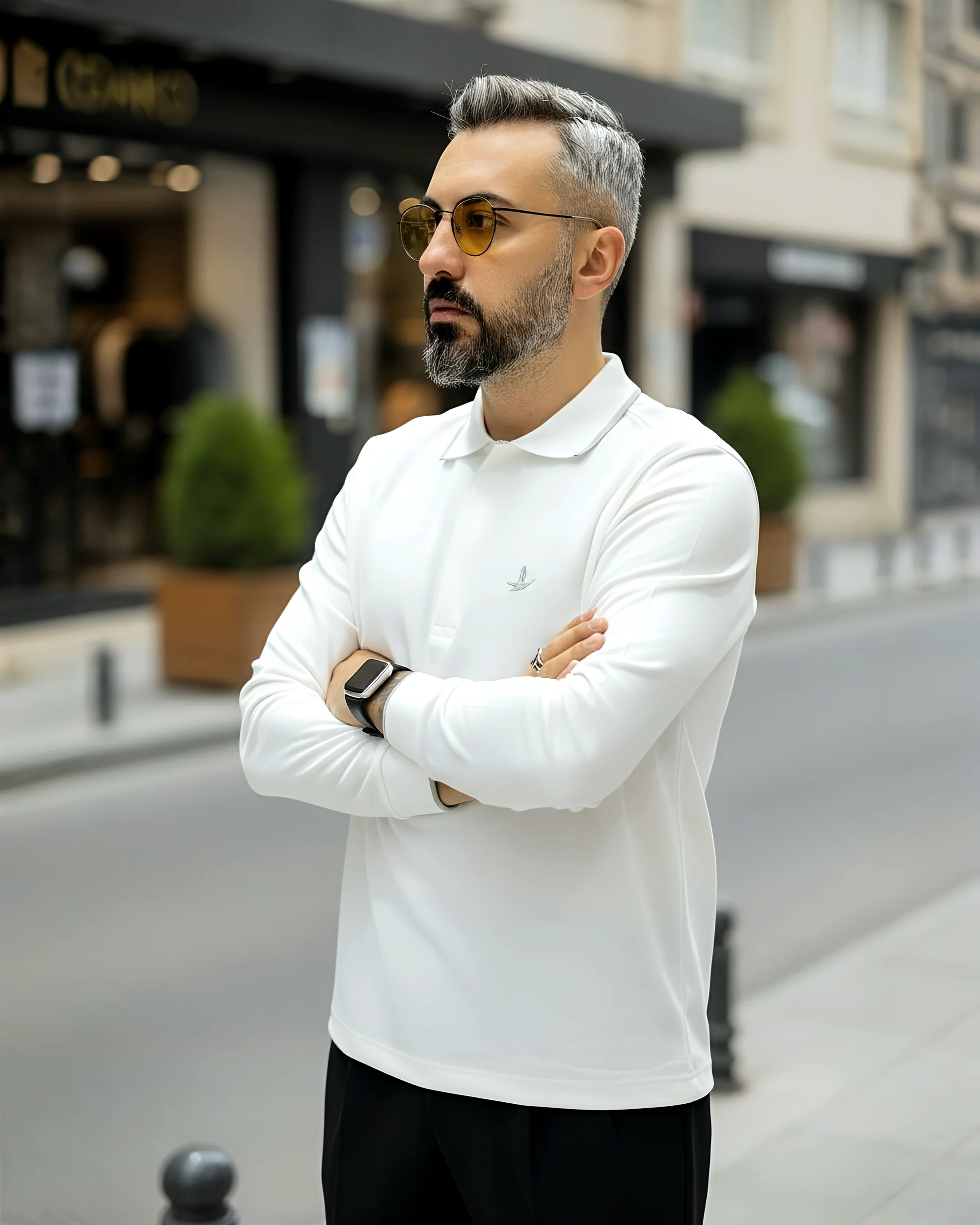 Uzun Kollu  Yarım Fermuarlı Pike Kumaş Erkek Polo - beyaz