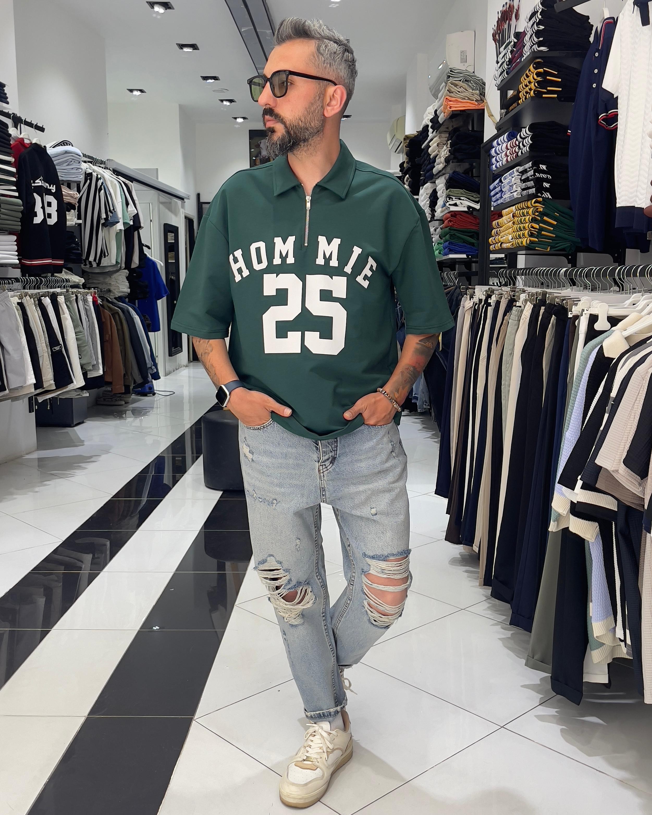 Hommie Baskili Oversize Erkek Polo Yaka T-Shirt - yeşil