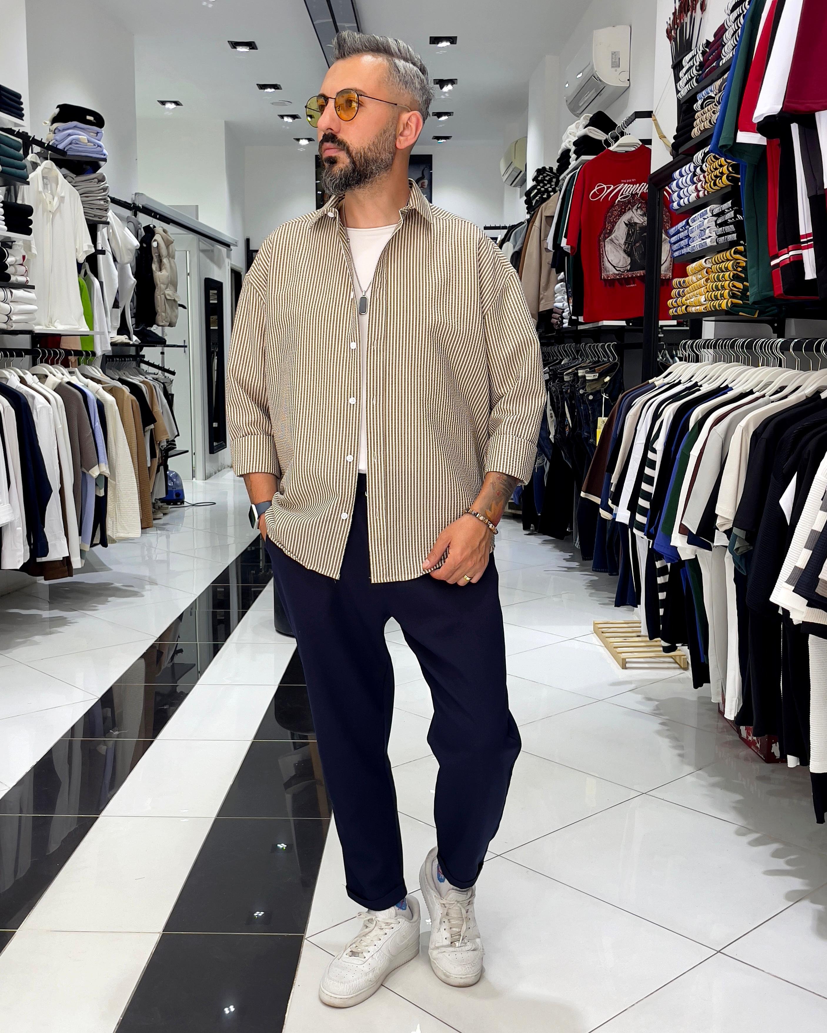 Gofre Kumaş Çizgili Oversize Erkek Gömlek - kahve