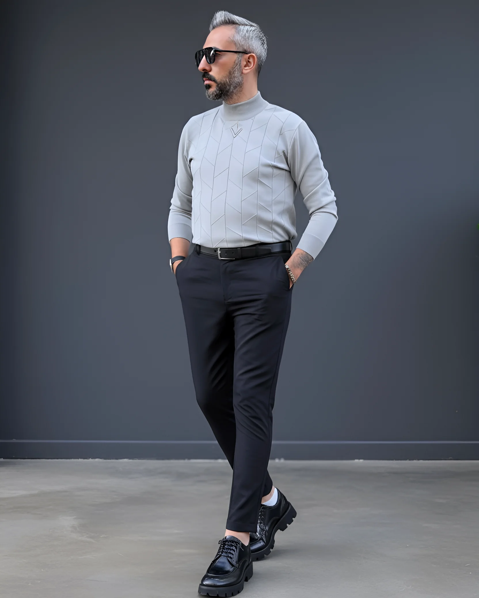 Yarım Balıkçı Desenli Triko Erkek Kazak - gri