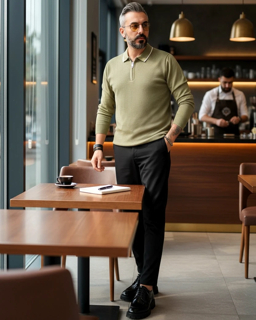 Old Money Erkek Yarım Fermuarlı Triko Kazak - yeşil