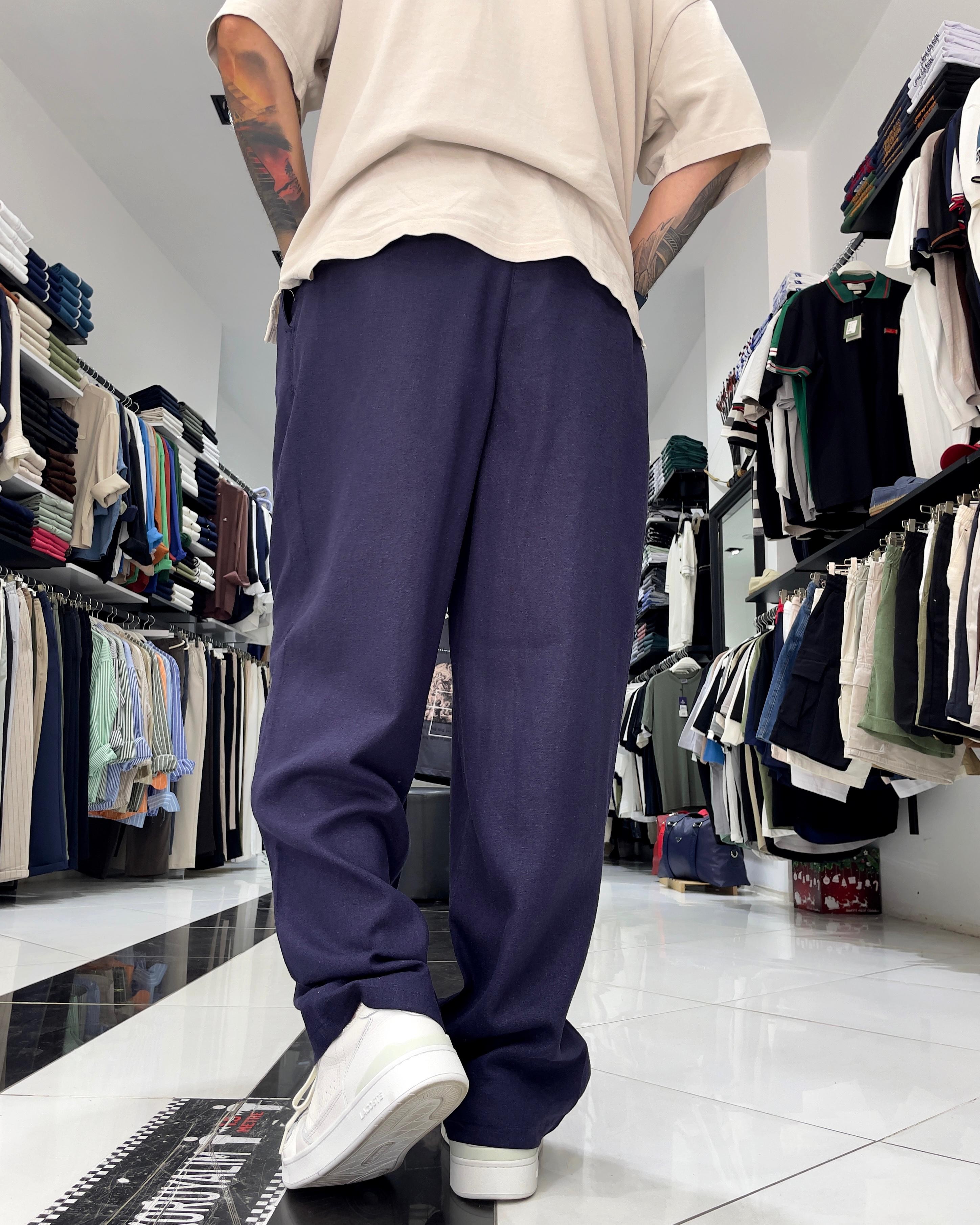 Lacivert Keten Erkek Baggy Fit Kemerli Pantolon