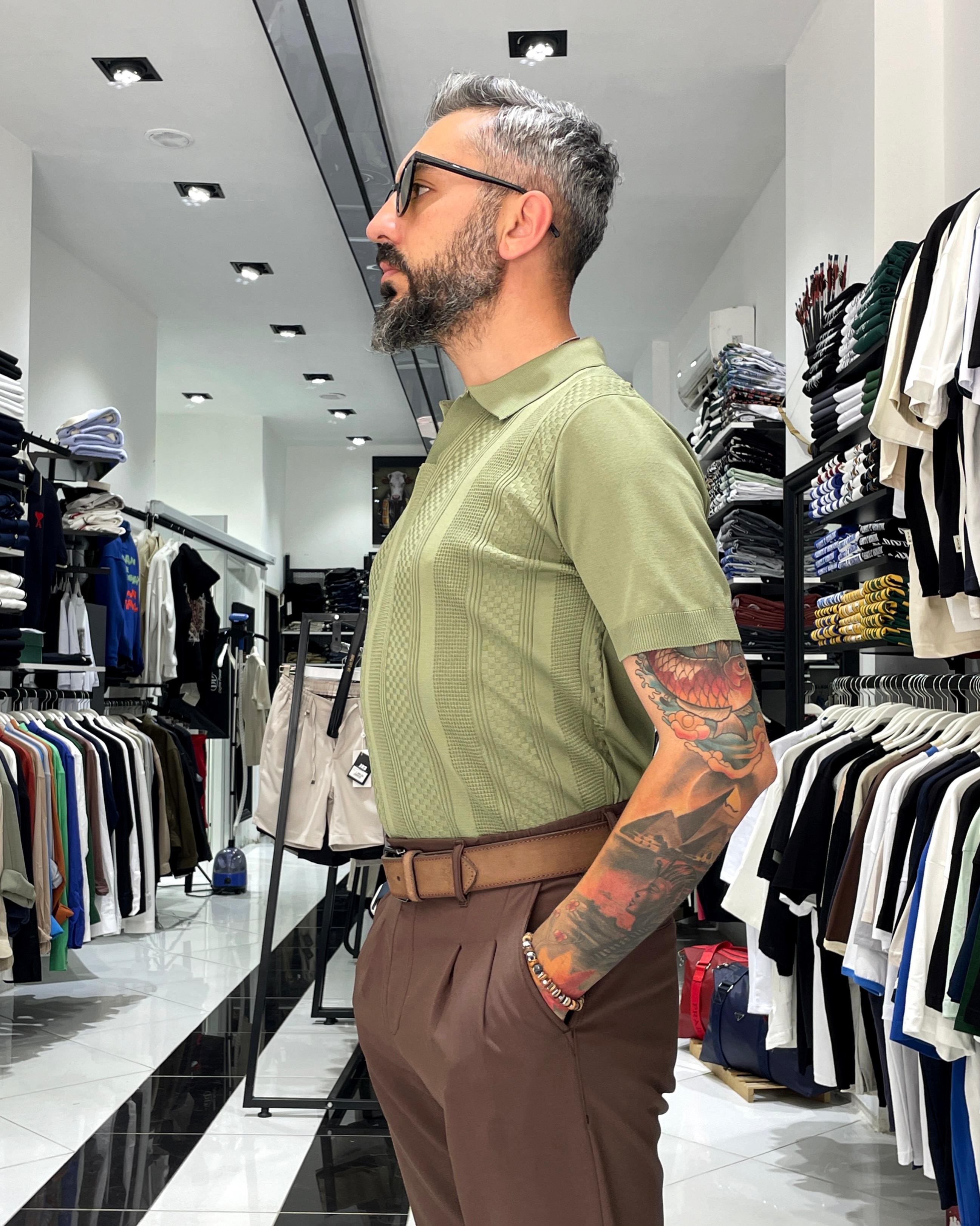Kendinden Desenli Triko Erkek Polo Yaka T-Shirt