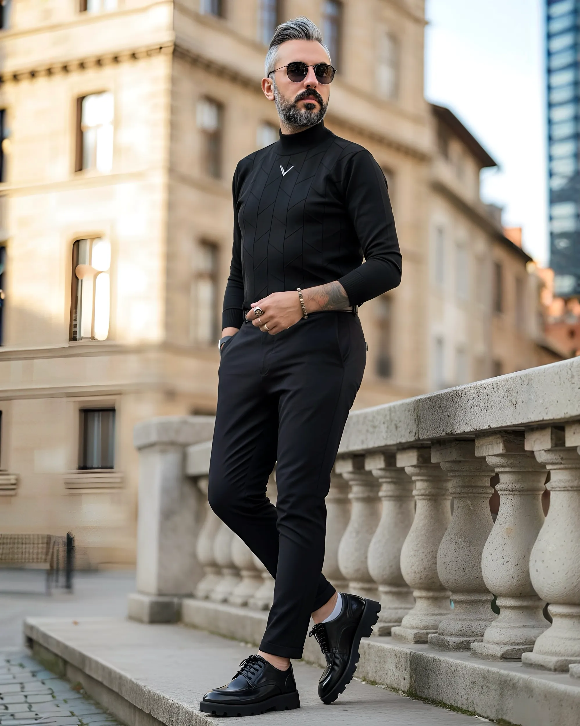 Yarım Balıkçı Desenli Triko Erkek Kazak - siyah