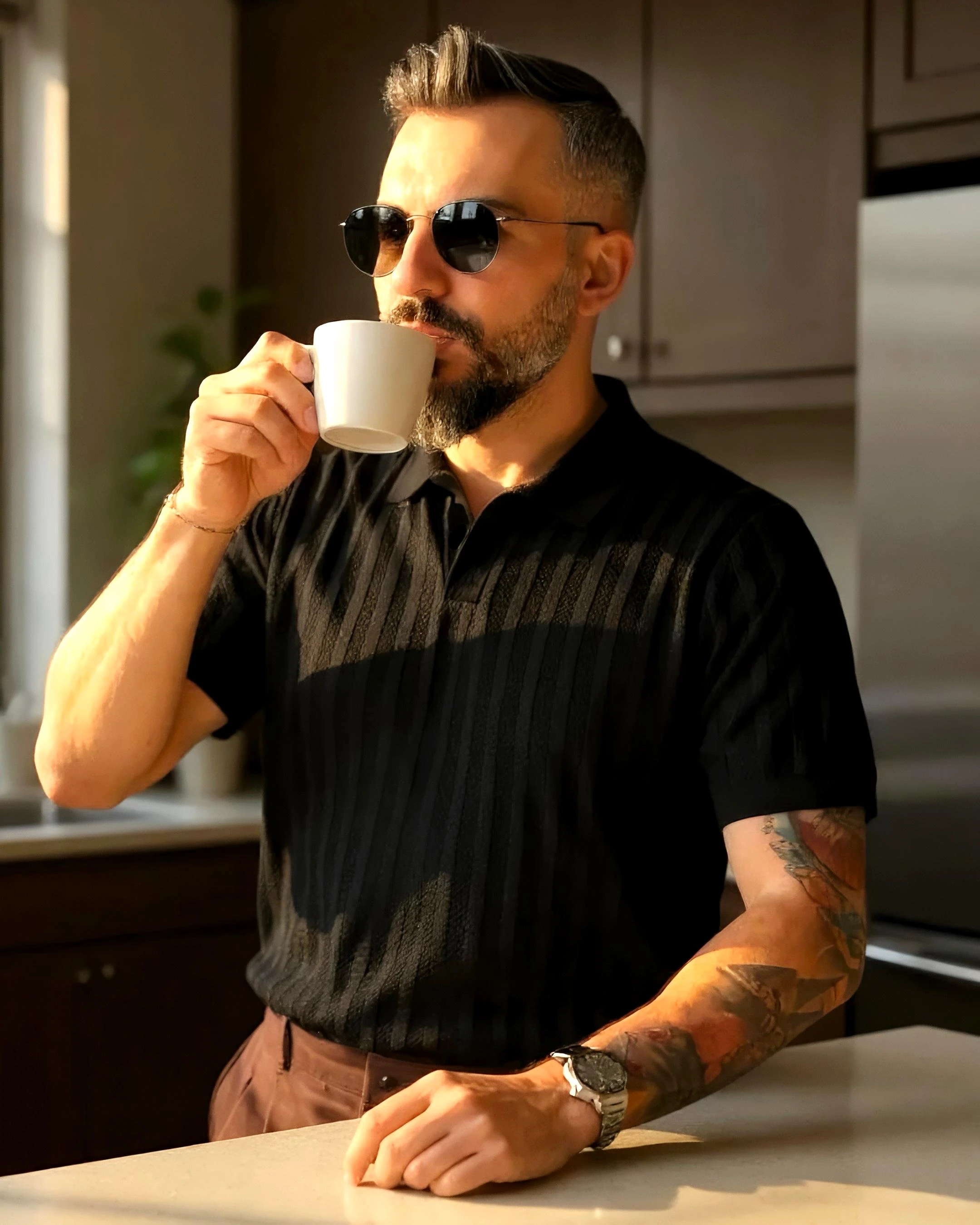 Yaka Detaylı Triko Polo Yaka Erkek T-Shirt - siyah