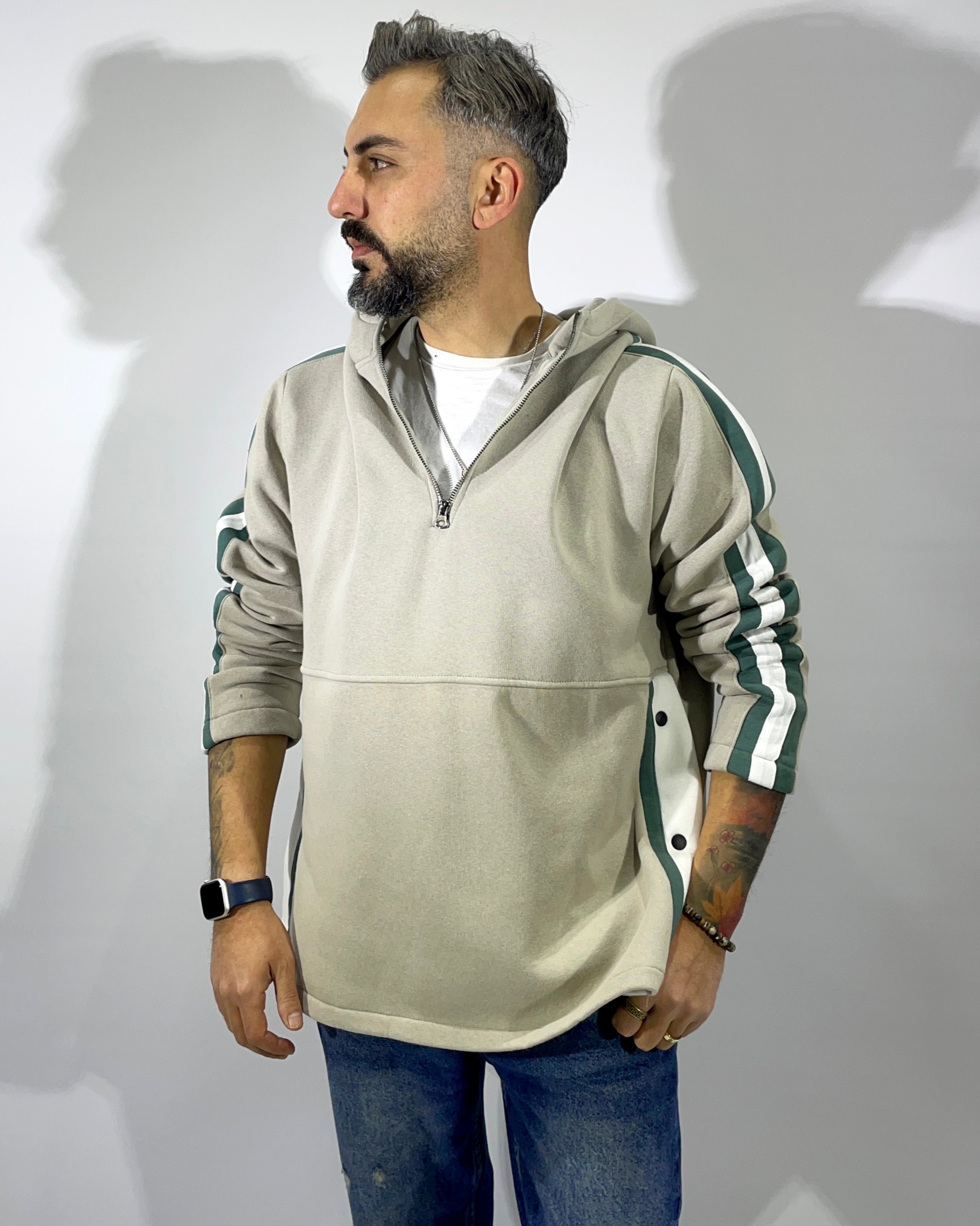 Şerit ve Düğme Detaylı Oversize Erkek Kapüşonlu Sweatshirt - gri