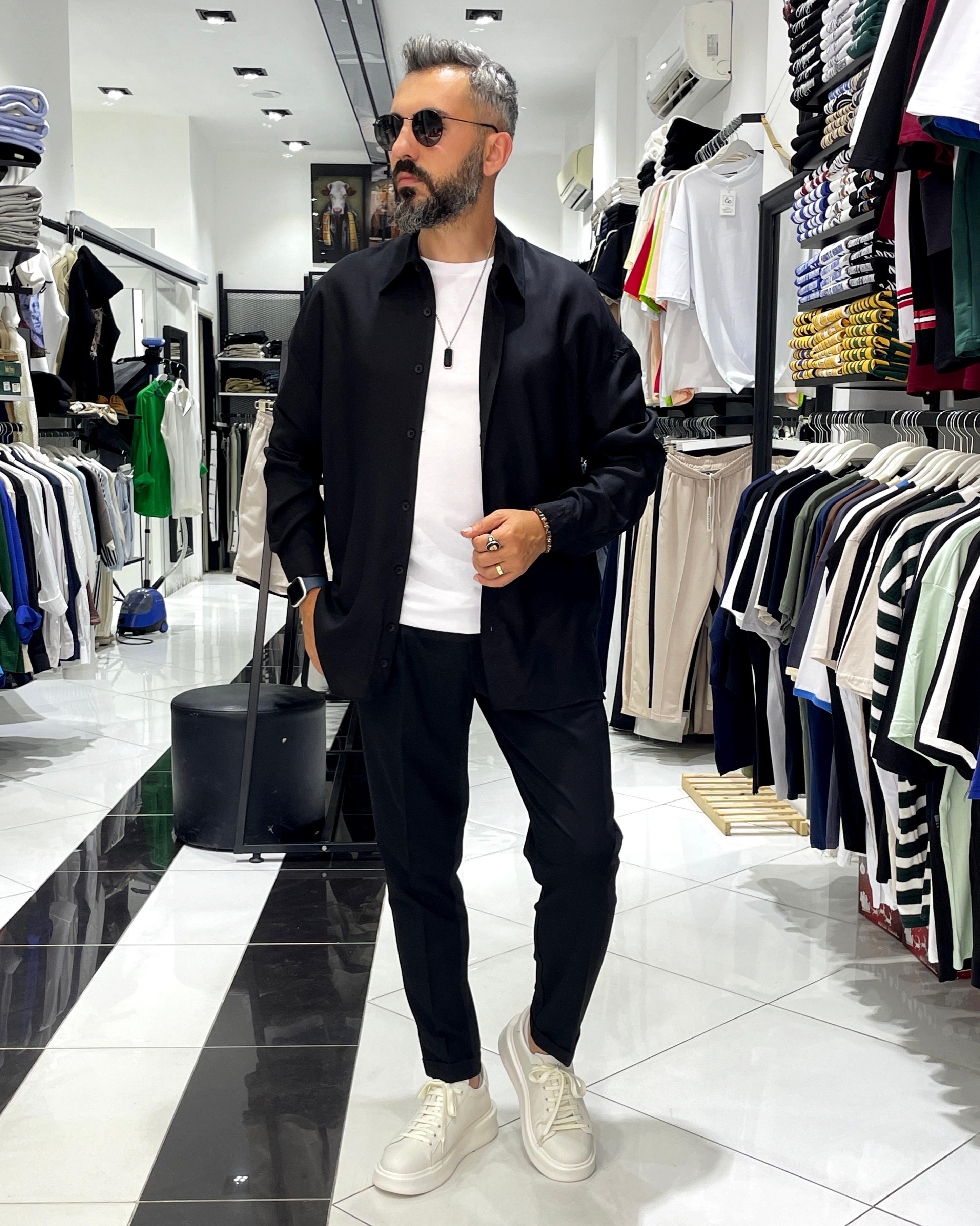 Tensel Kumaş Ekstra Oversize Erkek Gömlek - siyah