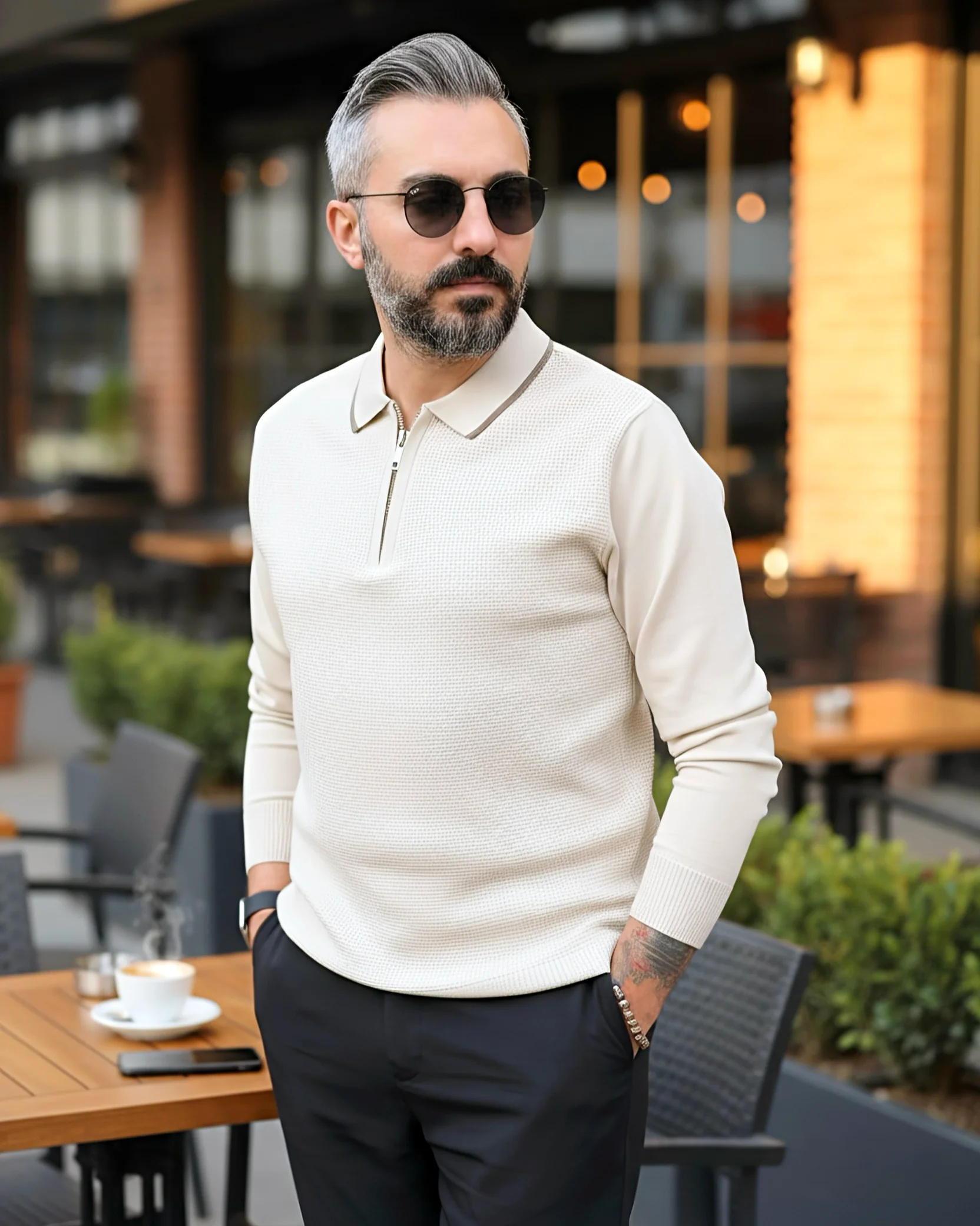 Old Money Erkek Yarım Fermuarlı Triko Kazak - krem