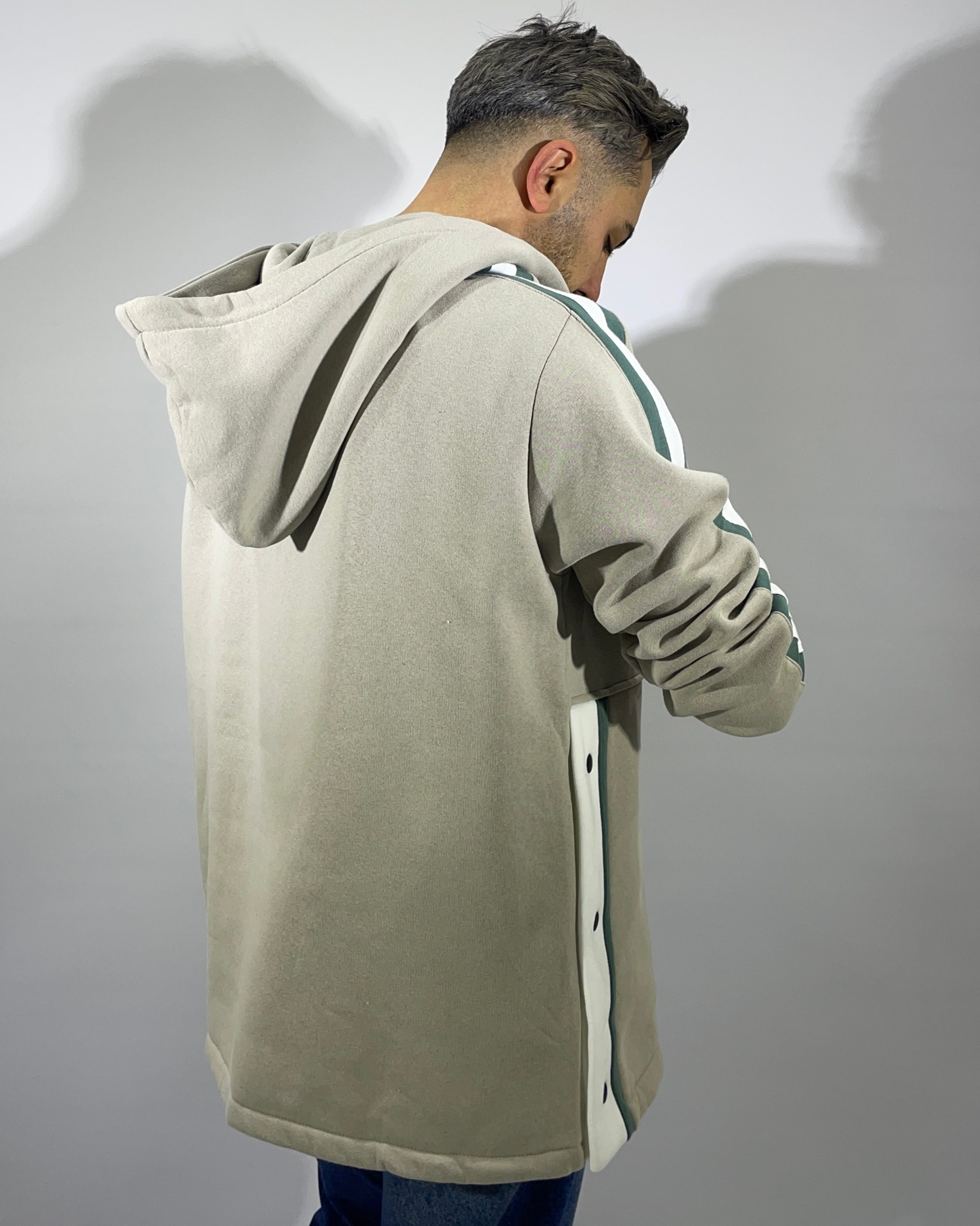Şerit ve Düğme Detaylı Oversize Erkek Kapüşonlu Sweatshirt - gri