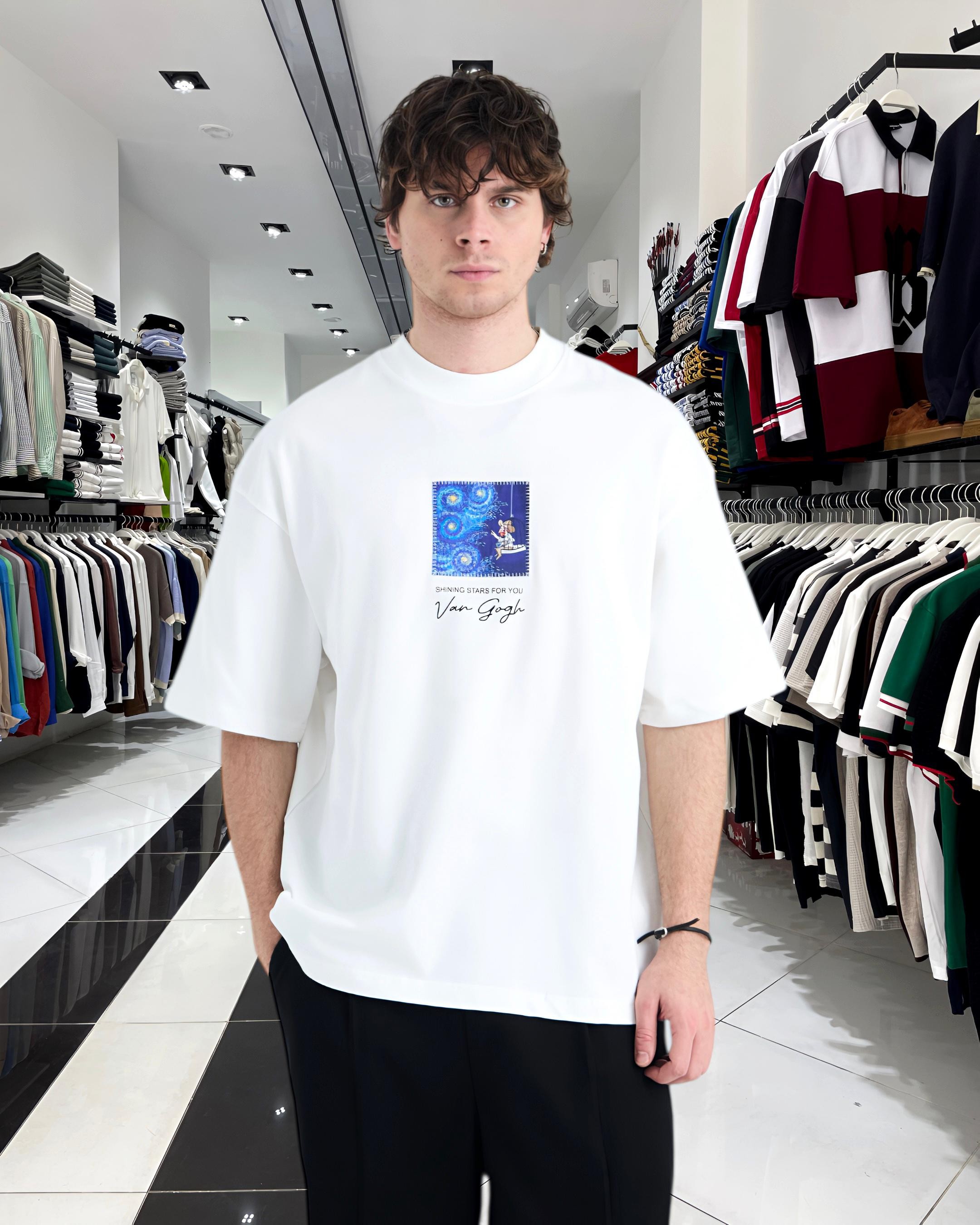 Starry Vision Sırt Kumaş Baskı Van Gogh Oversize Erkek T-Shirt - beyaz