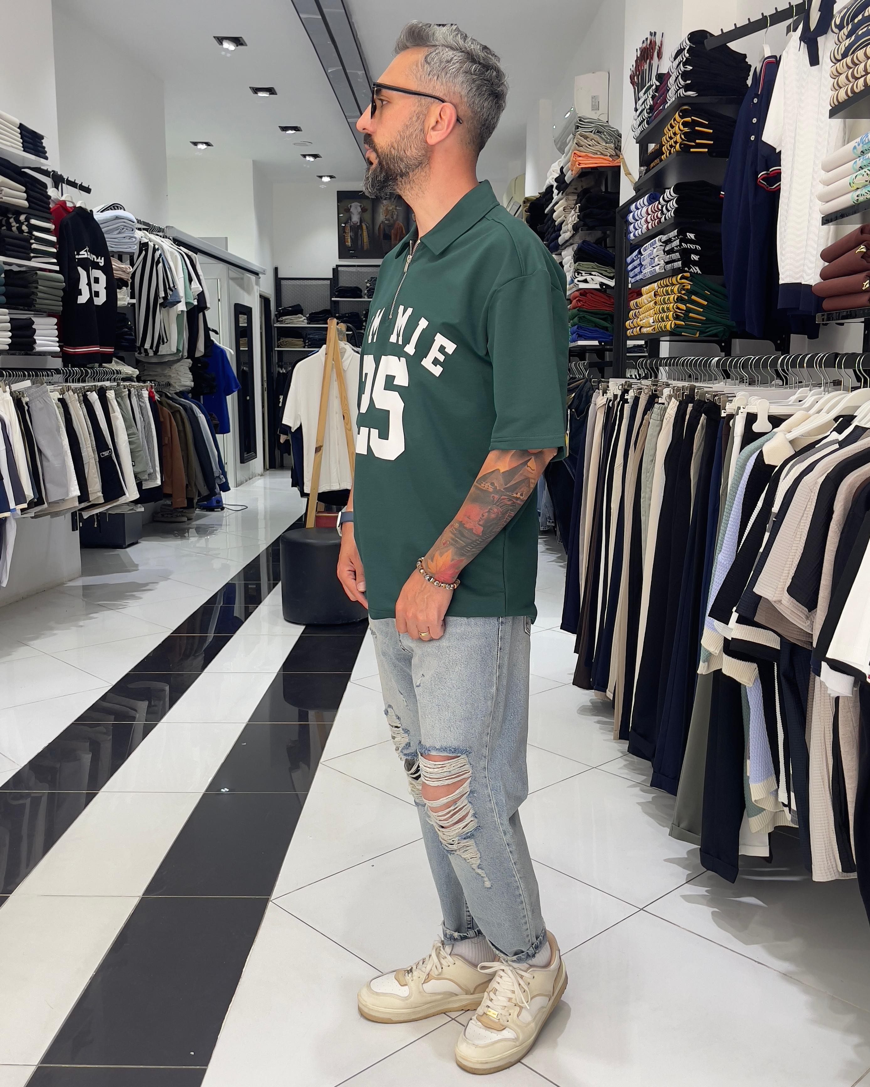 Hommie Baskili Oversize Erkek Polo Yaka T-Shirt - yeşil