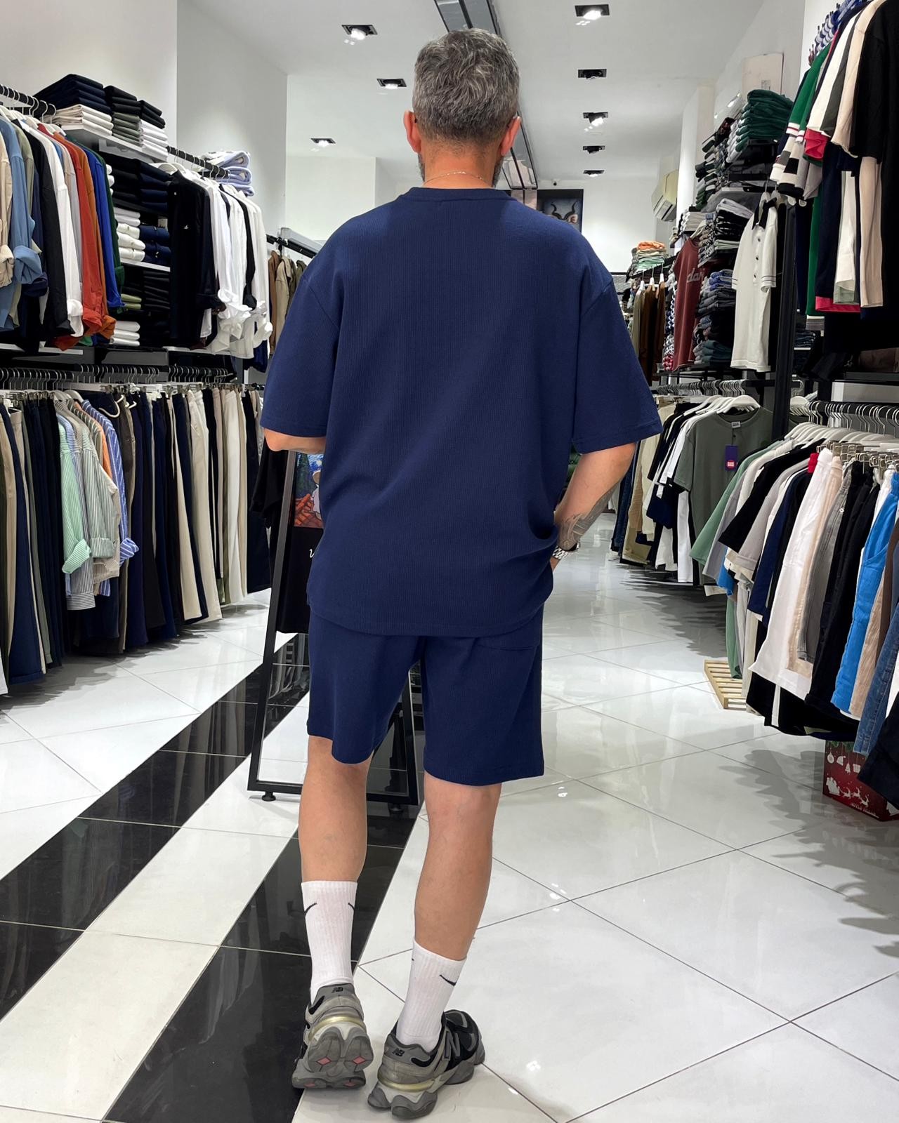 Waffle Kumaş Oversize Erkek T-Shirt & Şort İkili Takım - lacivert