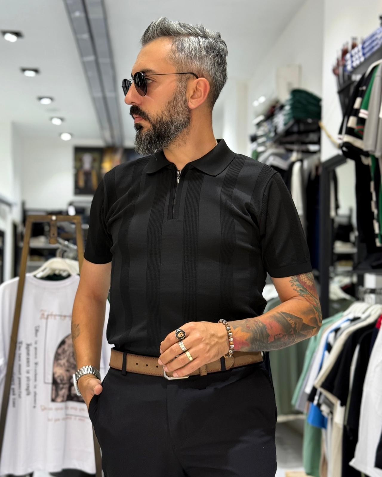  Desenli Polo Yaka Yarım Fermuarlı Erkek T-Shirt
