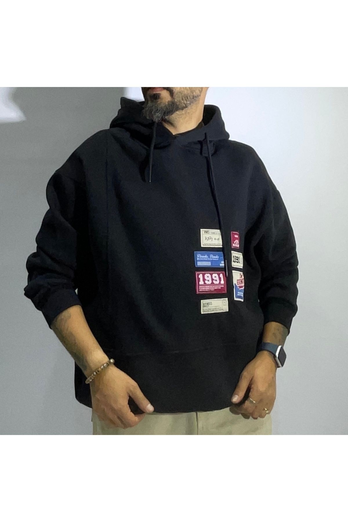 Patchli Oversize Erkek Hoodie