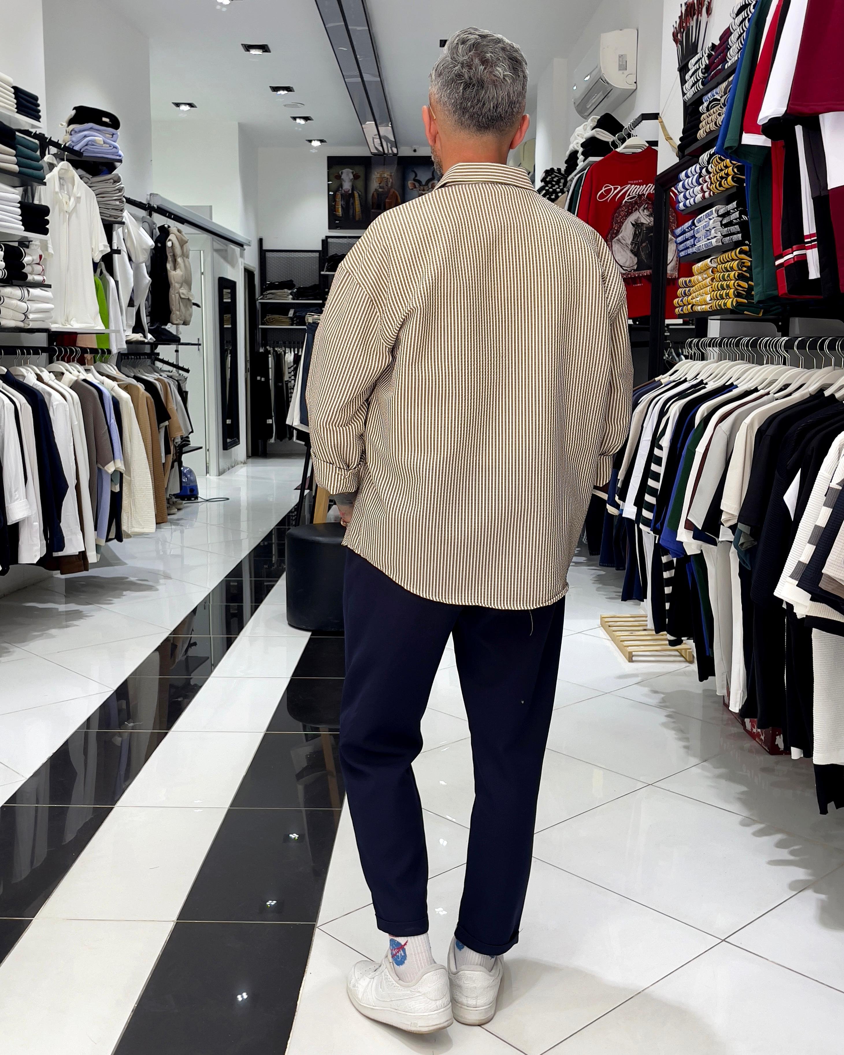 Gofre Kumaş Çizgili Oversize Erkek Gömlek - kahve