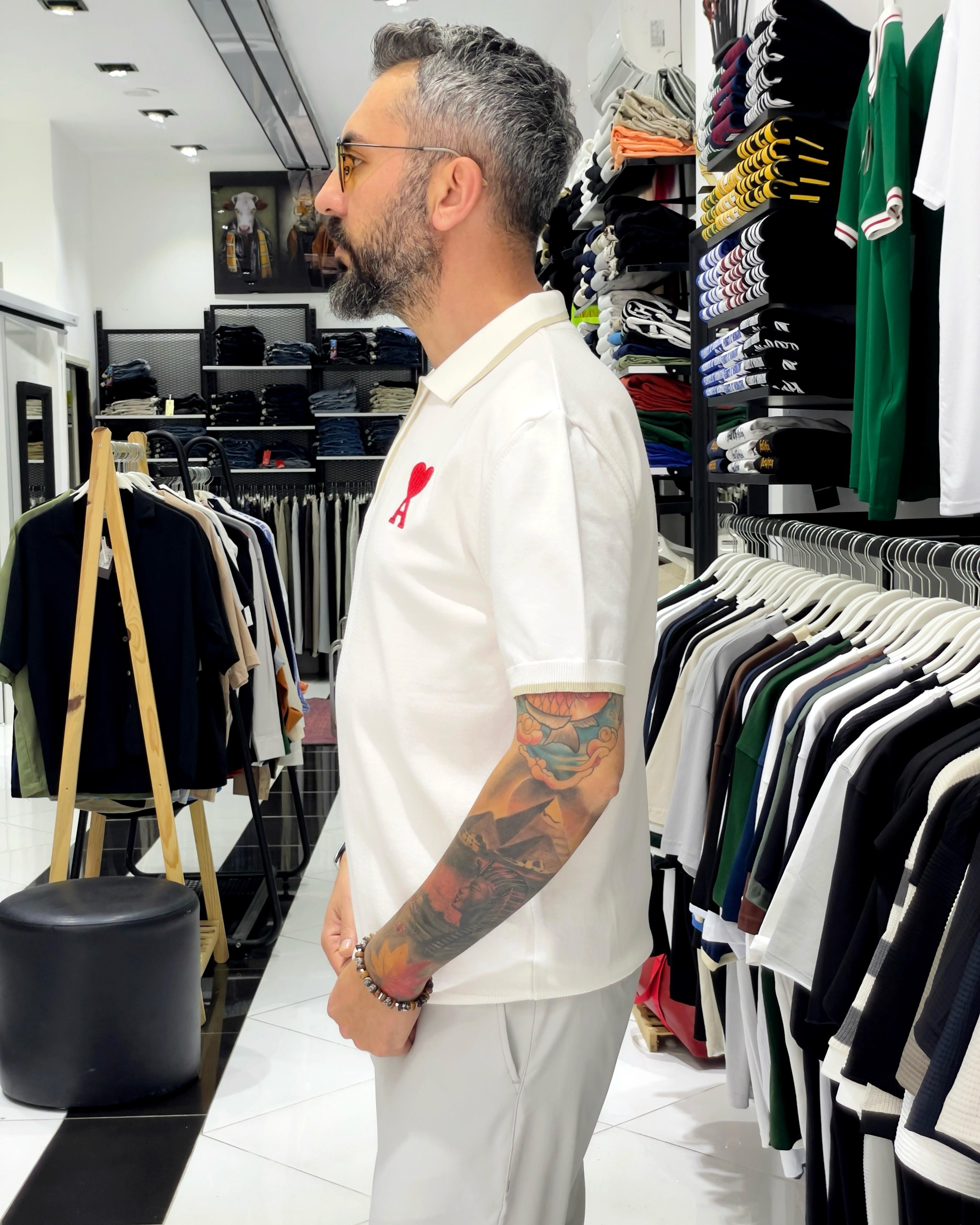Yarım Fermuarlı Triko Polo Yaka T-Shirt - beyaz