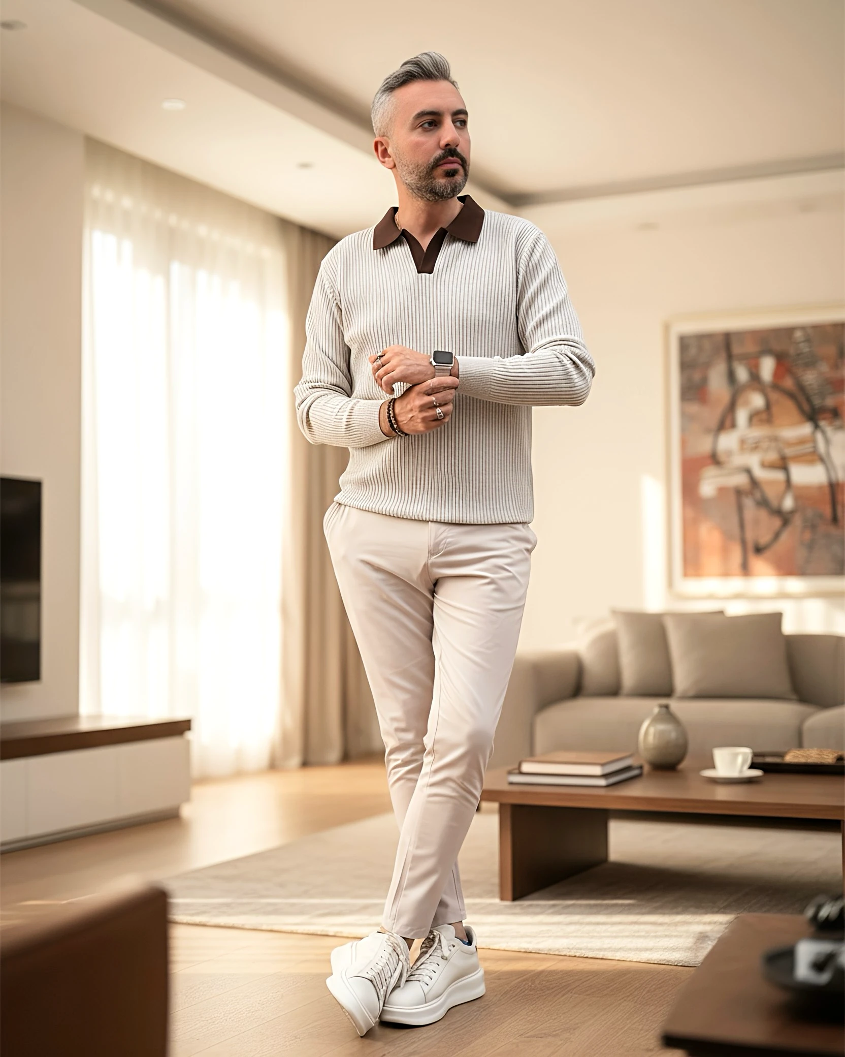 Old Money Triko Polo Yaka Erkek Kazak - krem