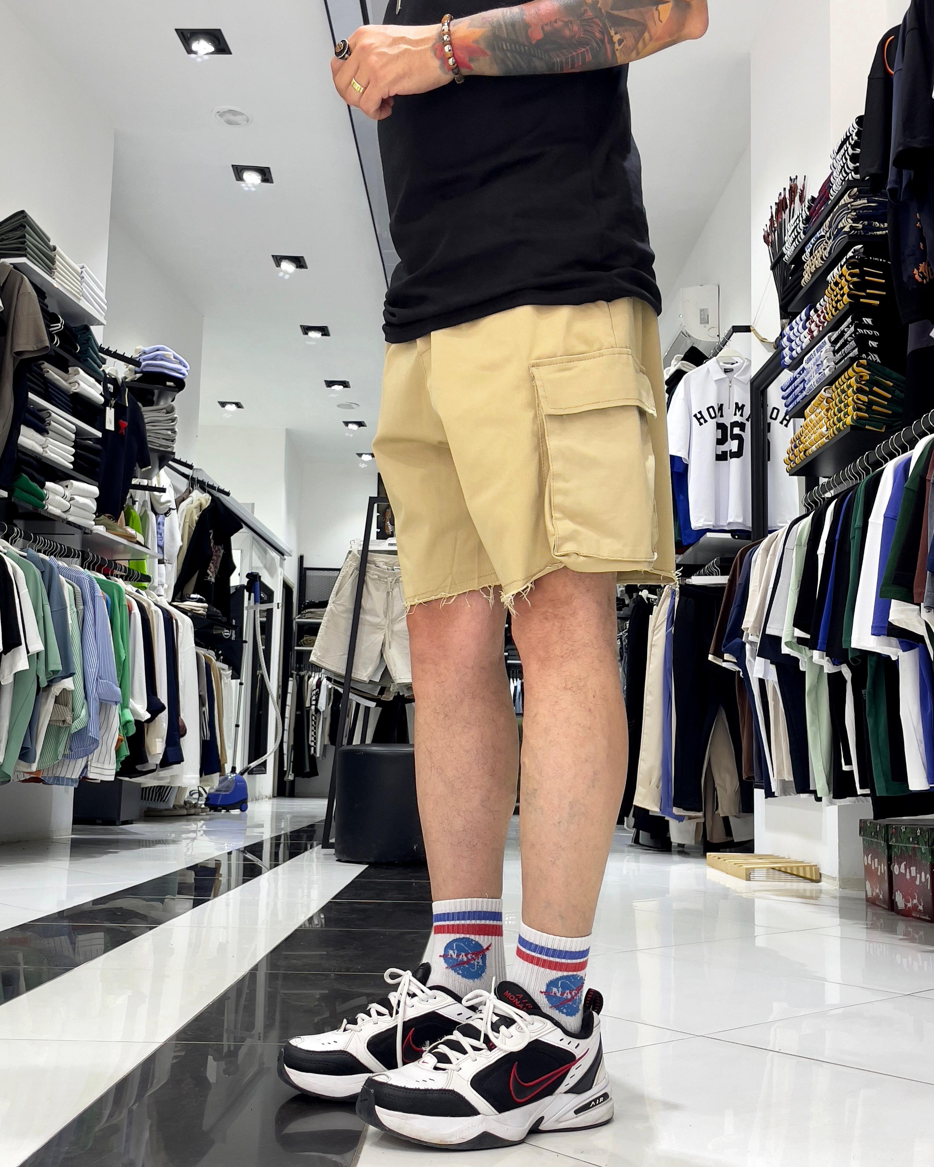 Baggy Fit Organik Denim Erkek Kargo Şort – Higo Man - krem