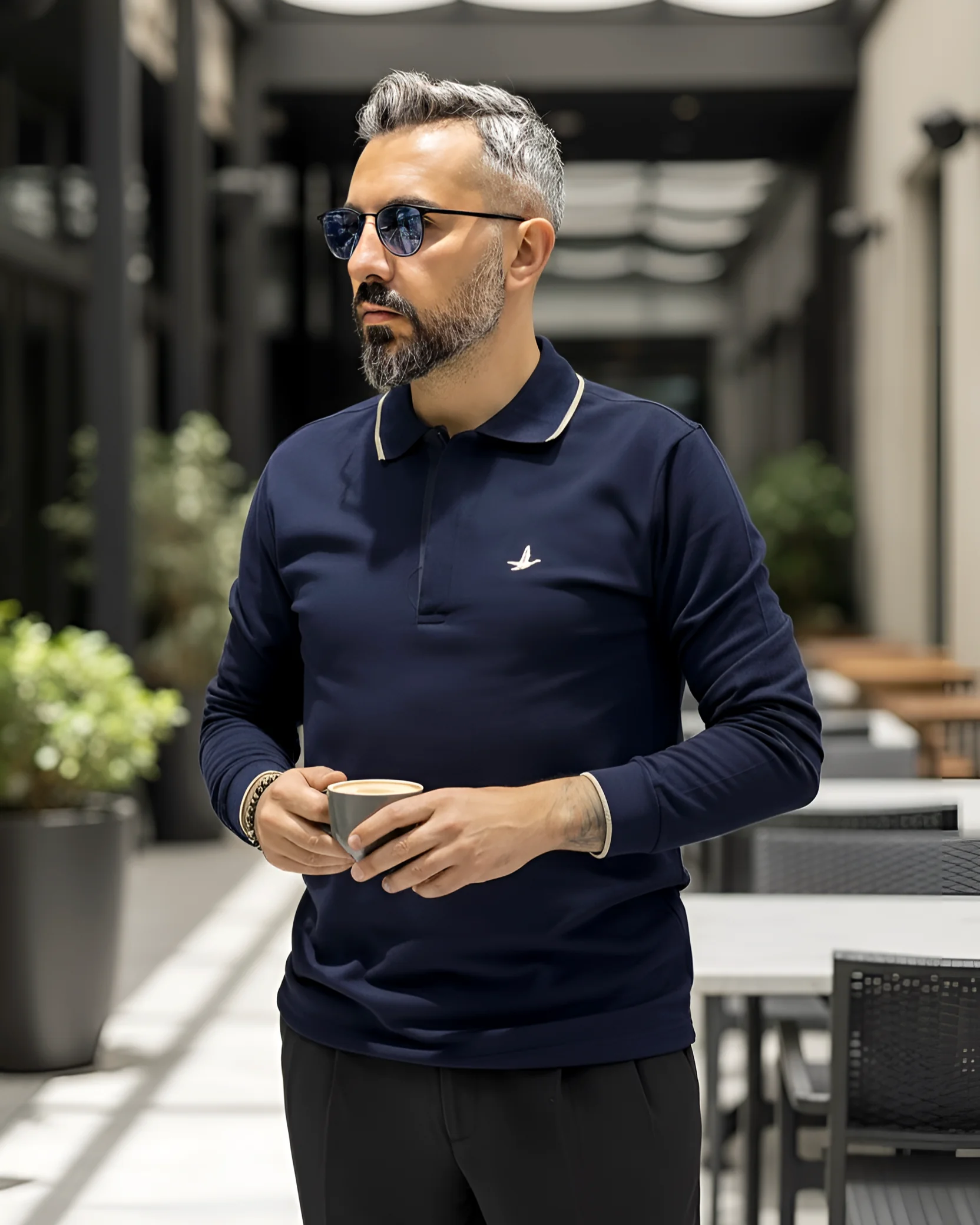 Uzun Kollu  Yarım Fermuarlı Pike Kumaş Erkek Polo - lacivert