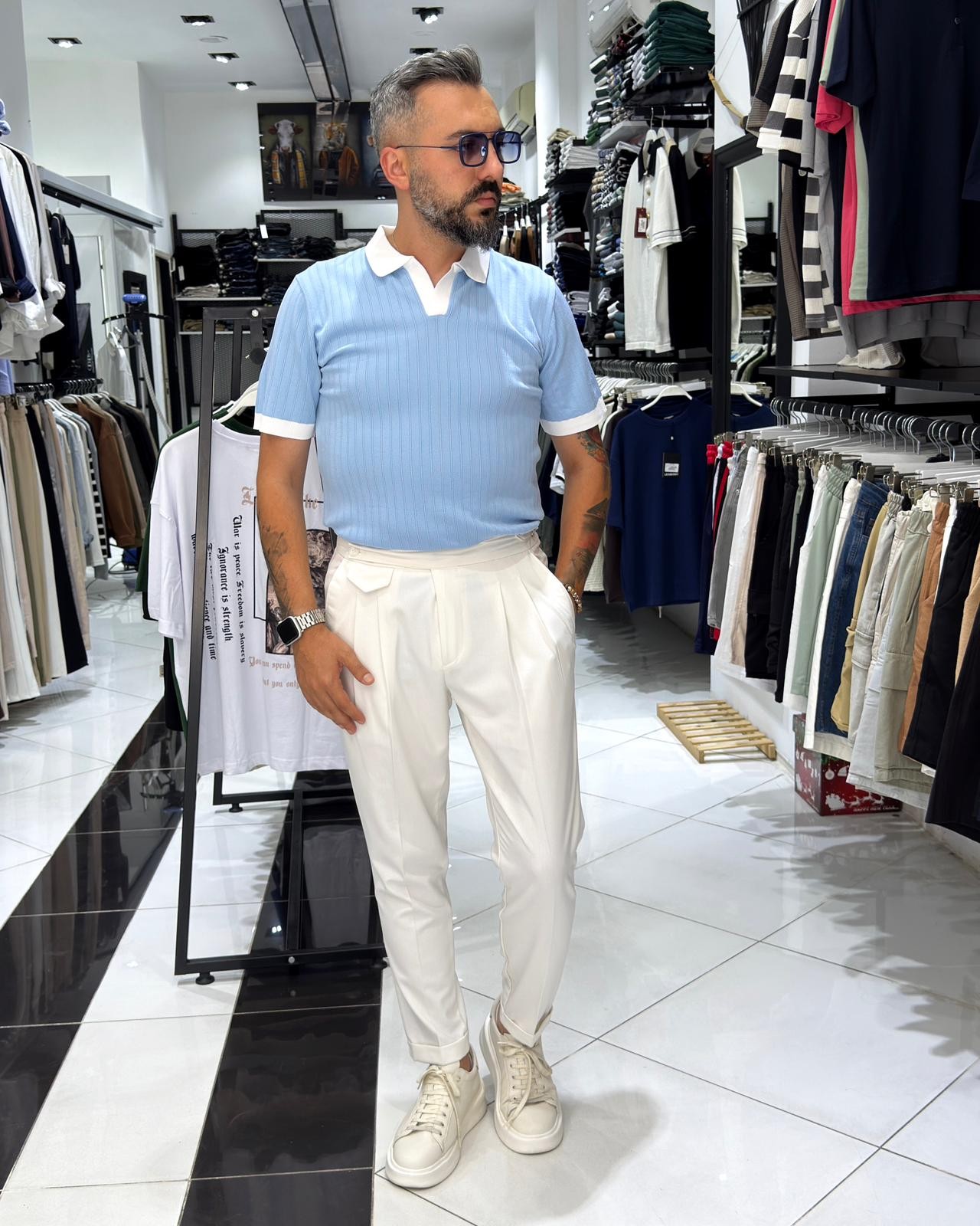 Yaka Detaylı Erkek Triko Polo Yaka T-Shirt - Bebe Mavisi