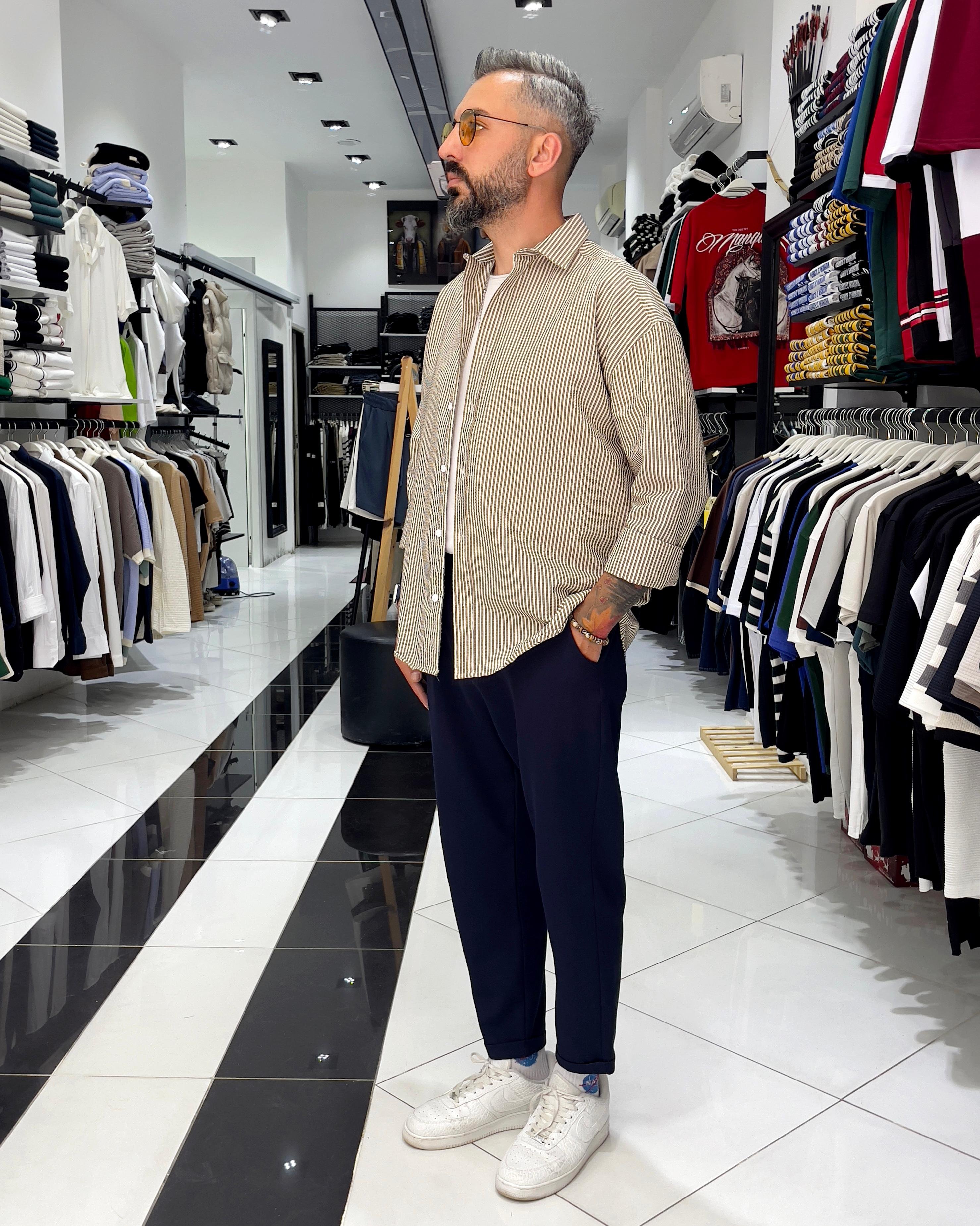 Gofre Kumaş Çizgili Oversize Erkek Gömlek - kahve