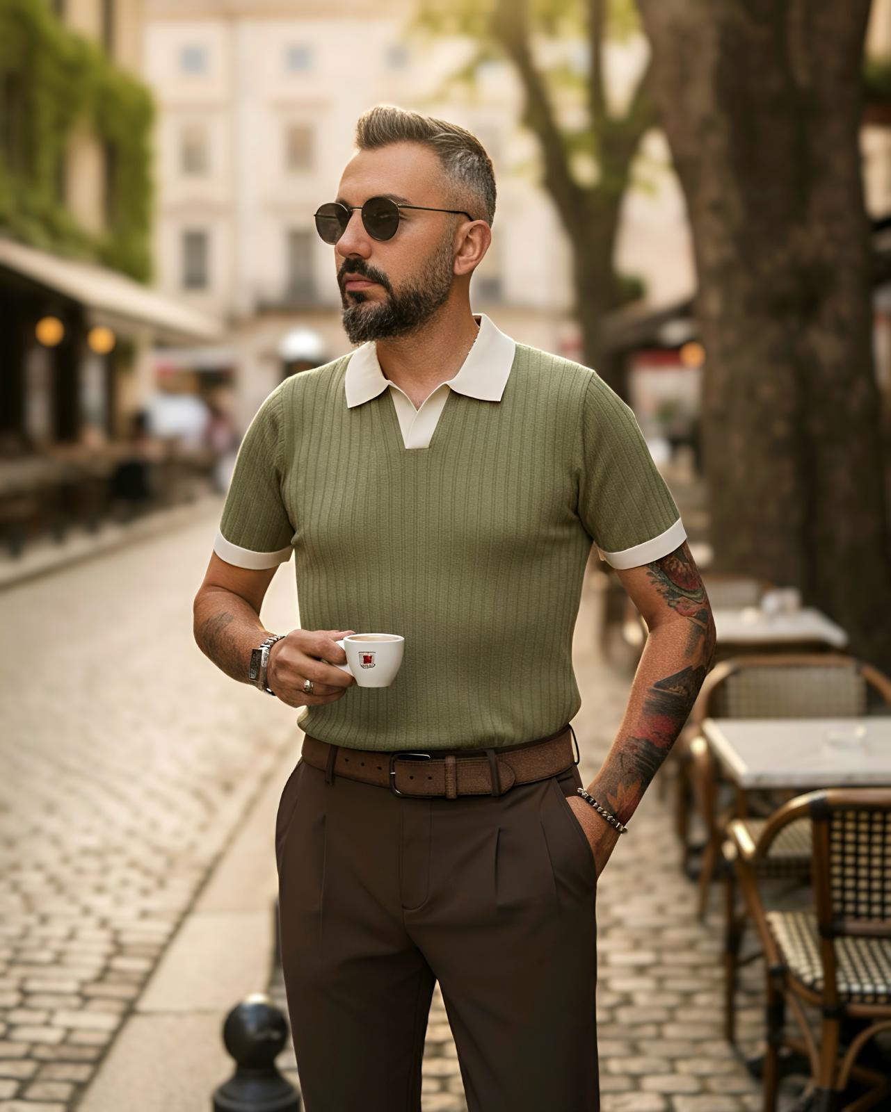 Yaka Detaylı Erkek Triko Polo Yaka T-Shirt - yeşil