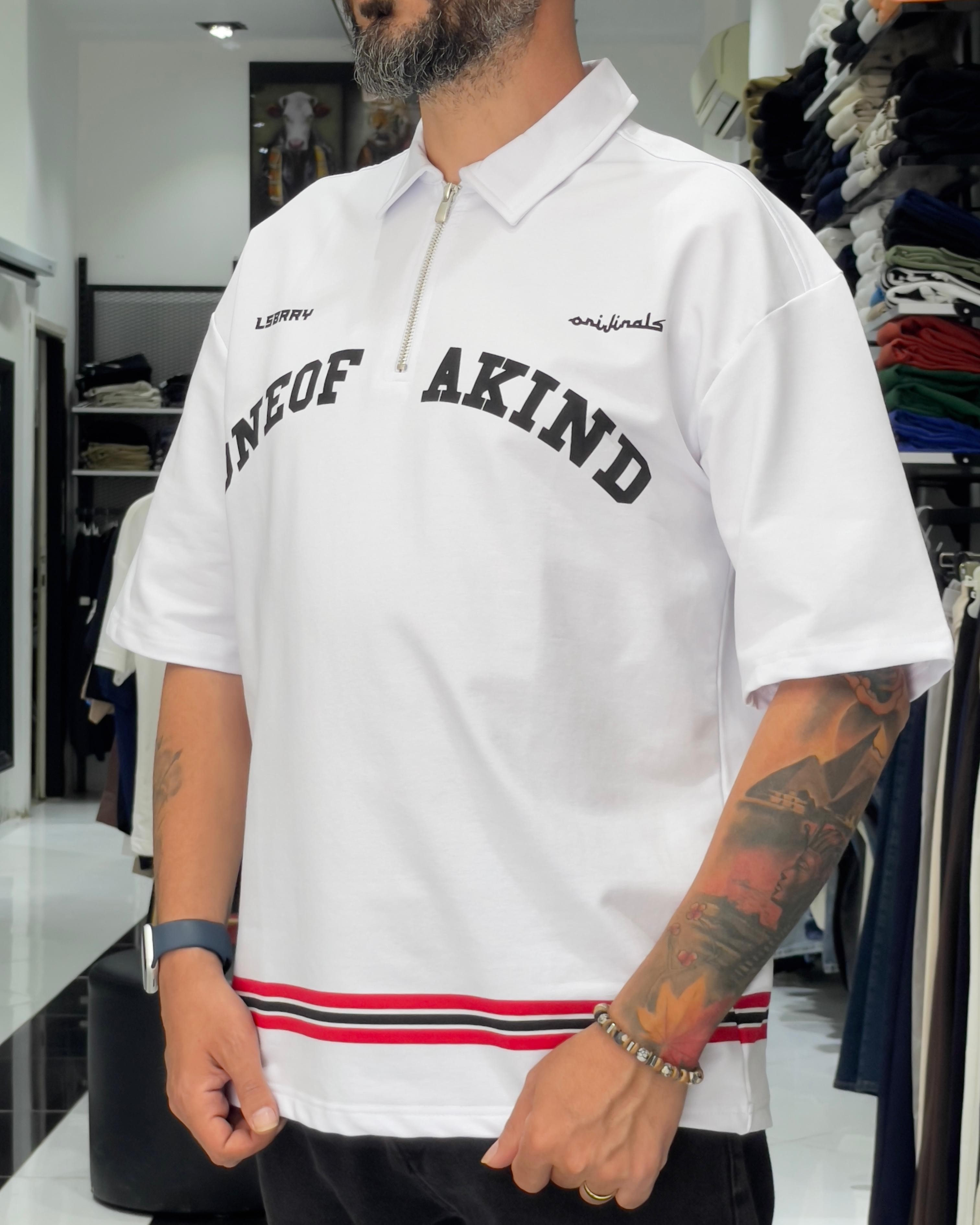 888 Baskılı Oversize Polo Yaka Erkek T-Shirt - beyaz