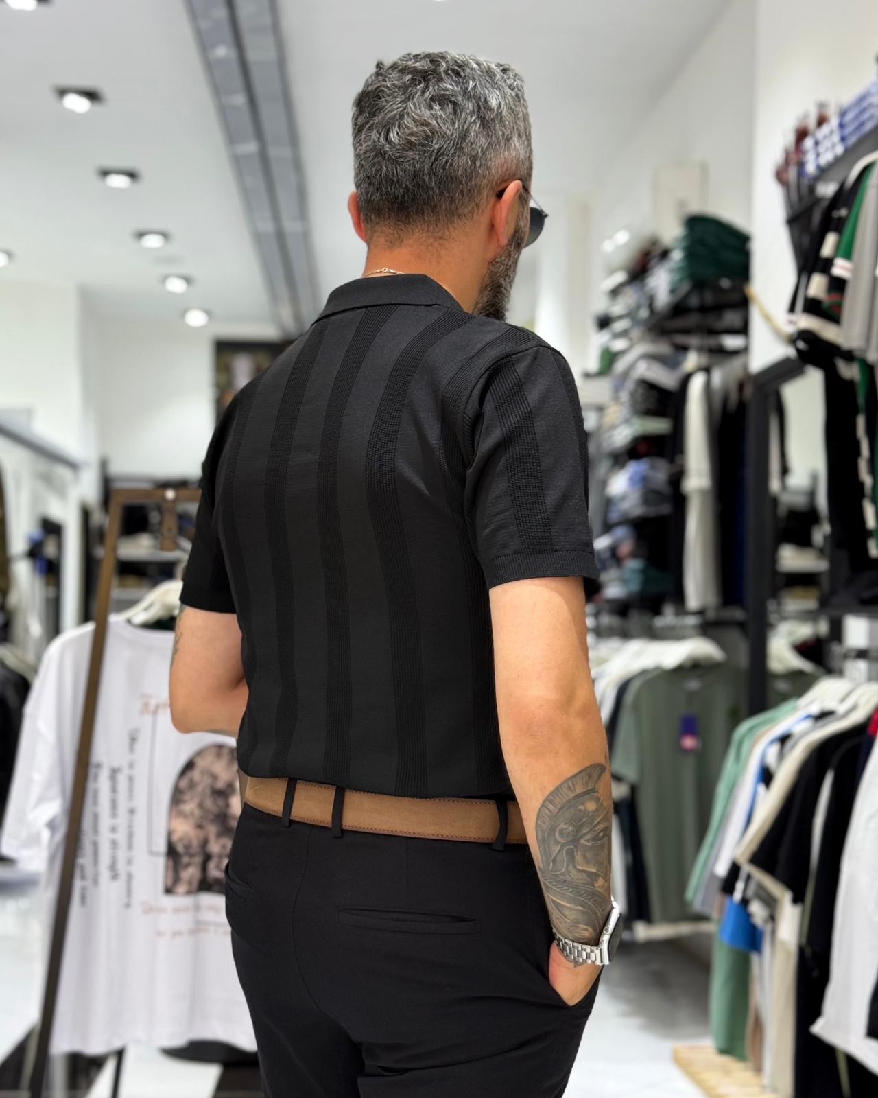  Desenli Polo Yaka Yarım Fermuarlı Erkek T-Shirt