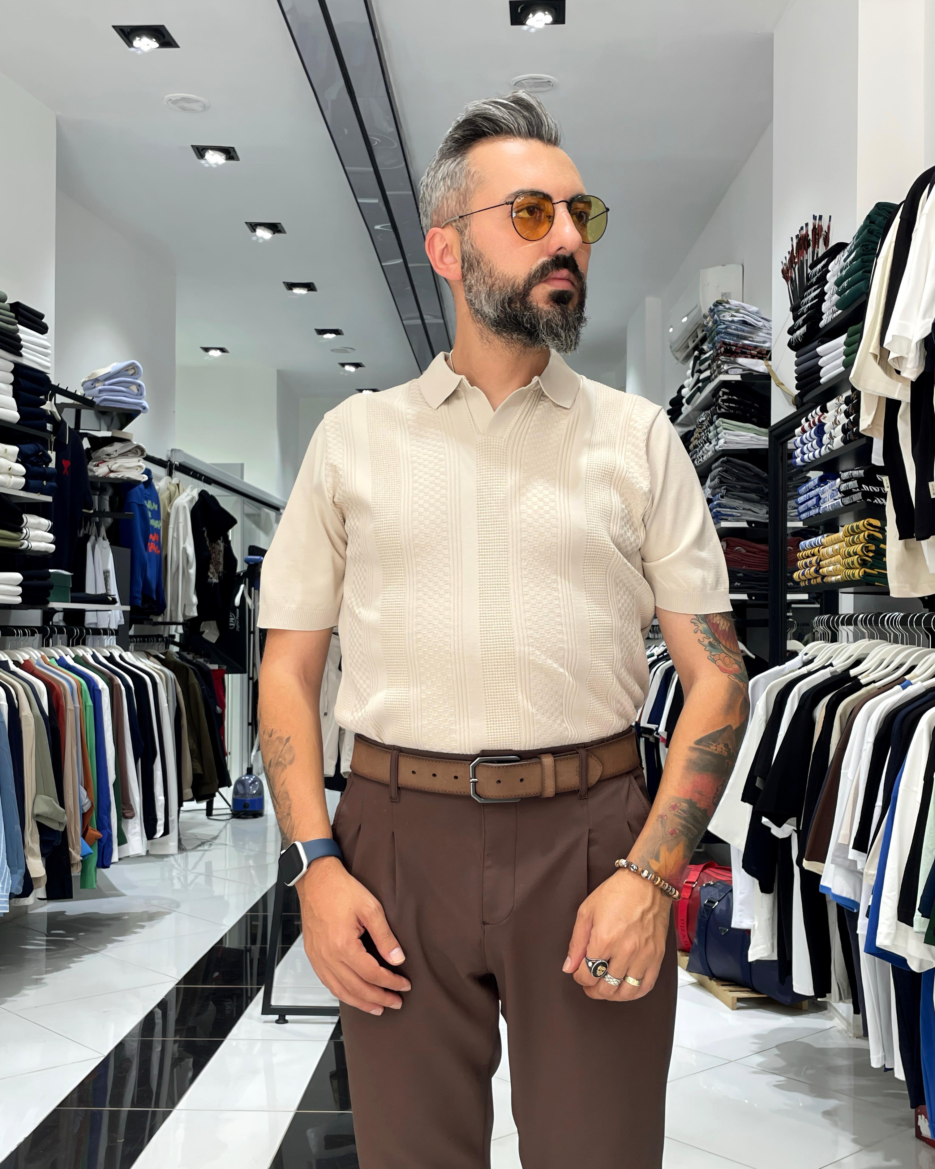 Kendinden Desenli Triko Erkek Polo Yaka T-Shirt - krem