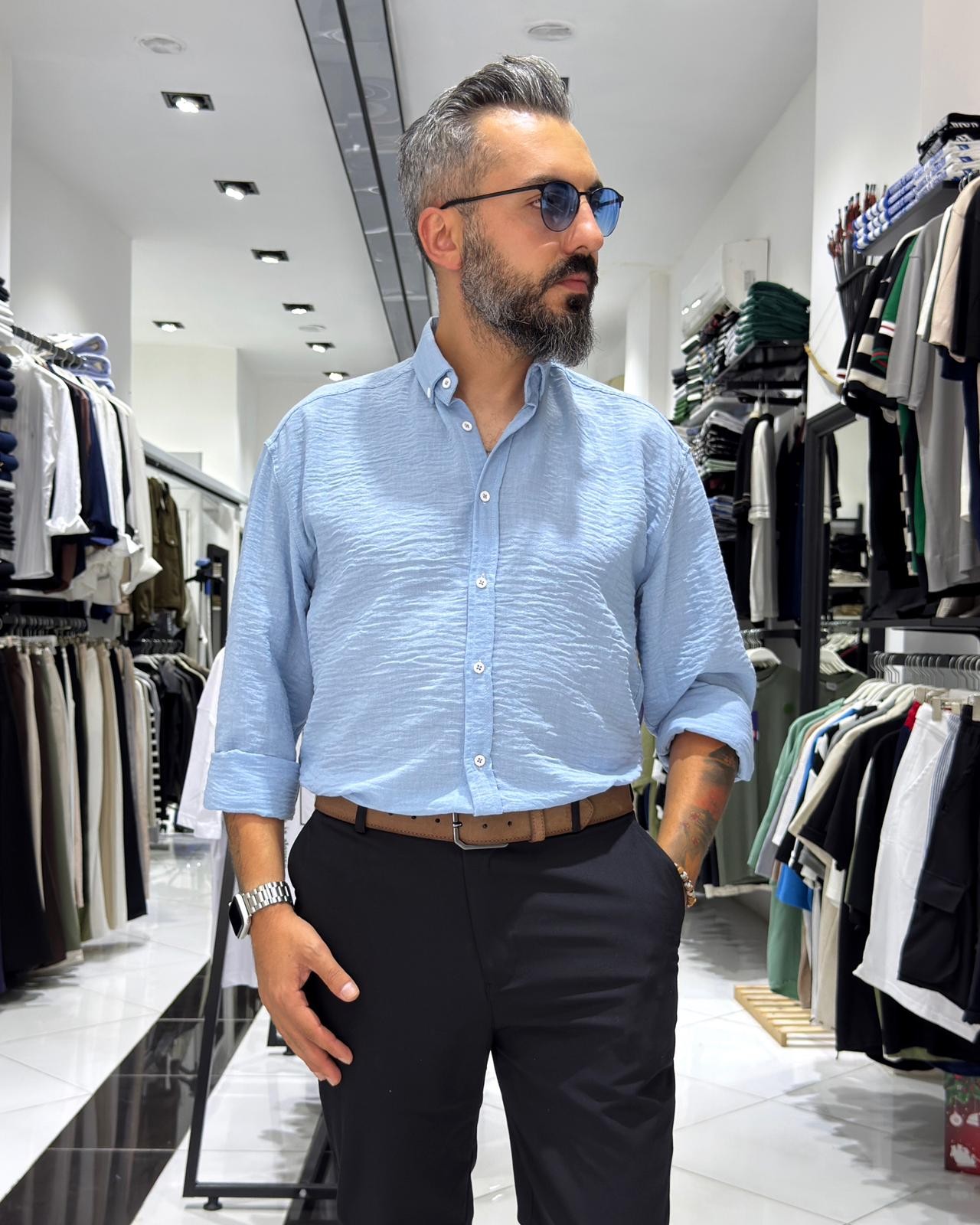 Müslin Kumaş Basic Düğmeli Erkek Gömlek - mavi