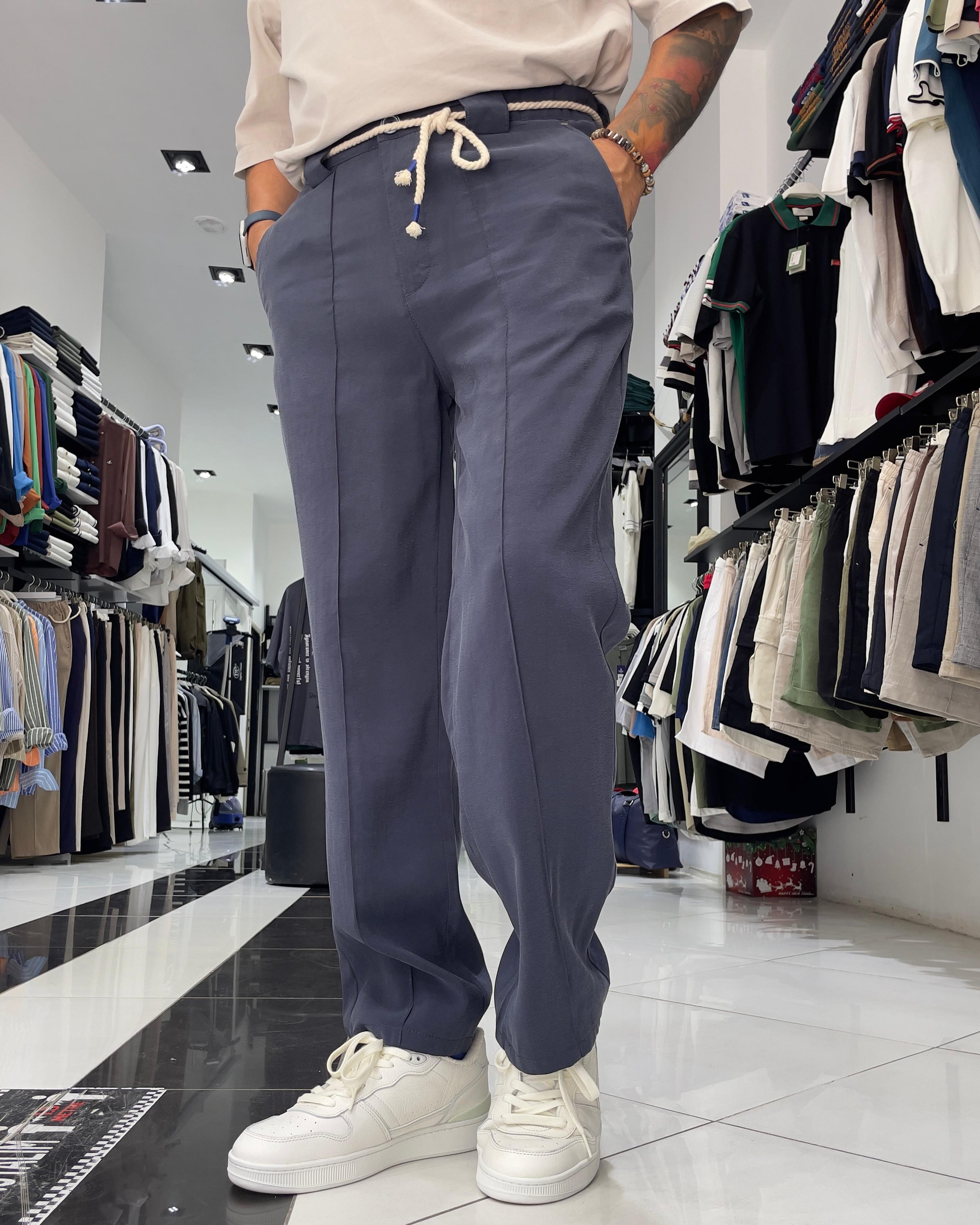 Modal Kumaş Kemer Detaylı Baggy Fit Erkek Pantolon - indigo