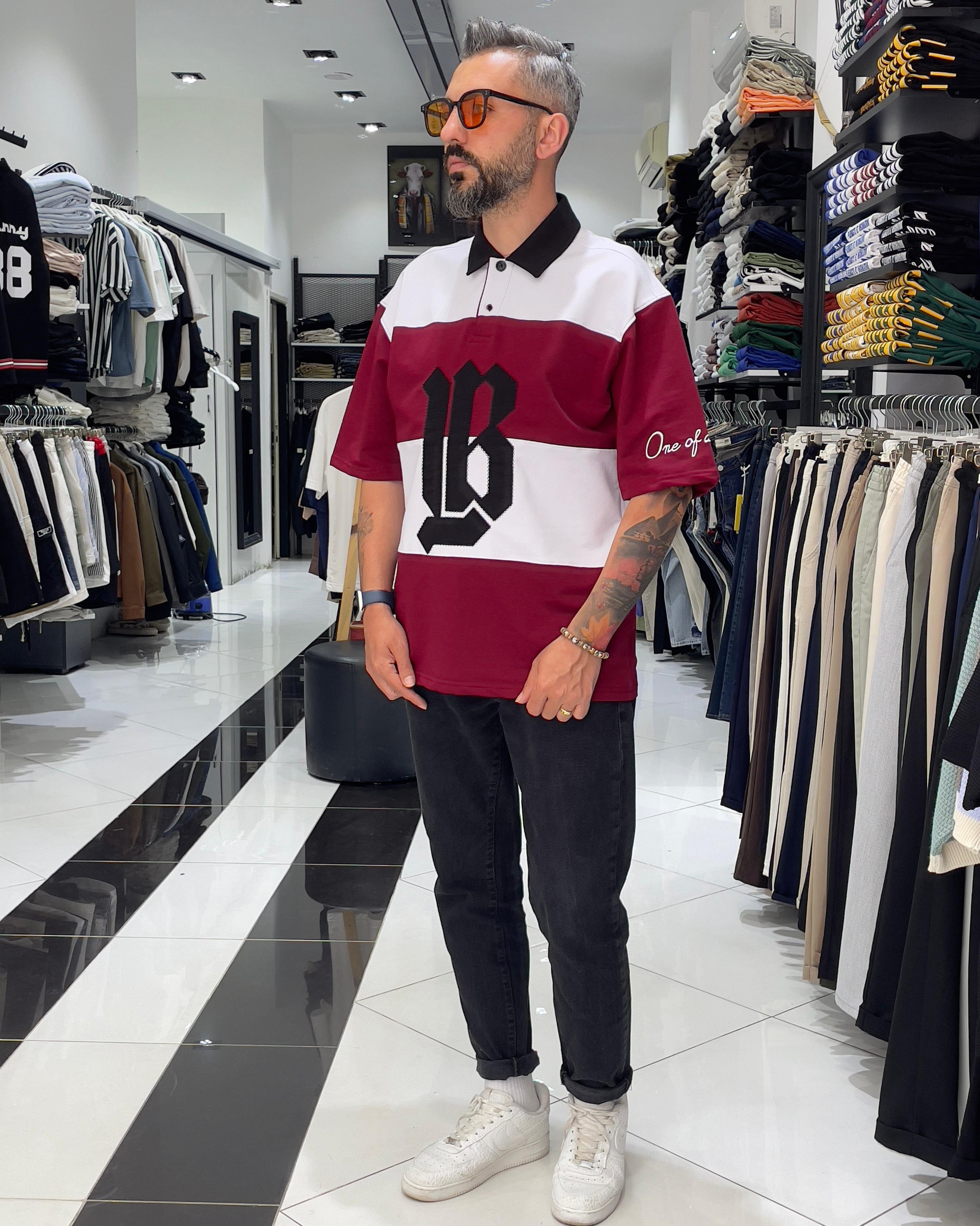 LB Nakışlı Yarım Fermuarlı Oversize Polo Yaka Erkek T-Shirt - bordo