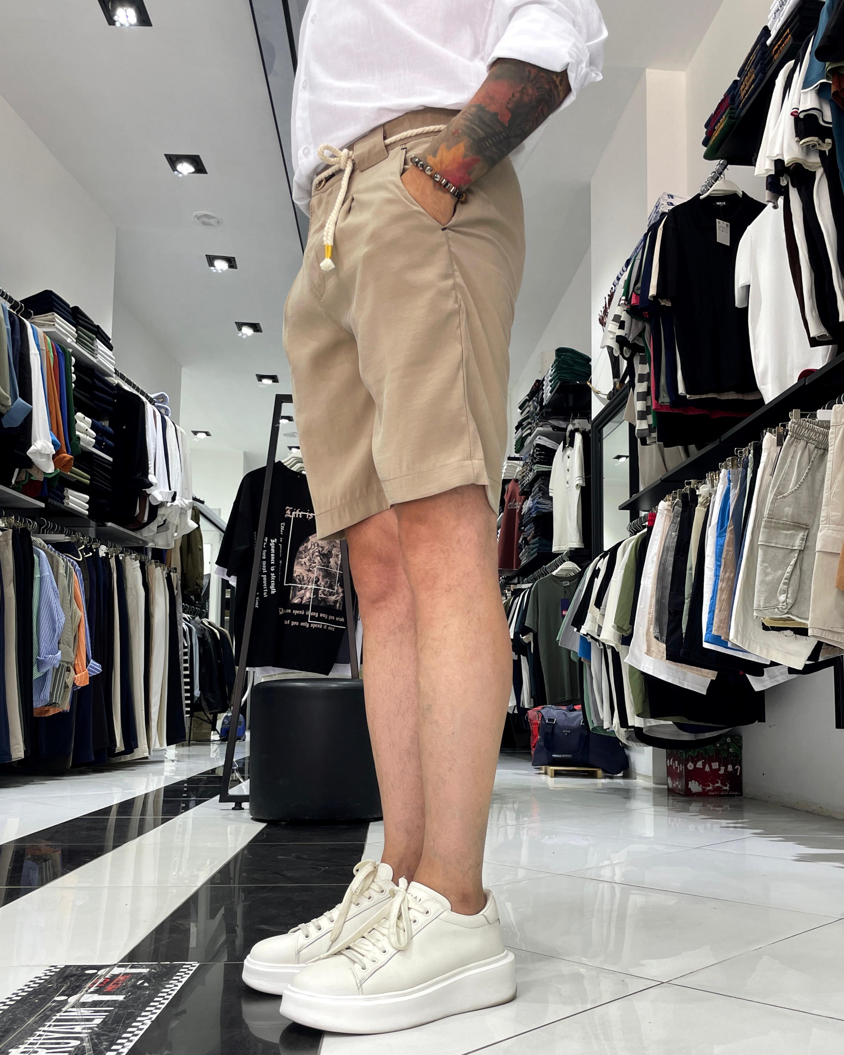 Modal Fabric Belt Detailed Men's Shorts - Beige
