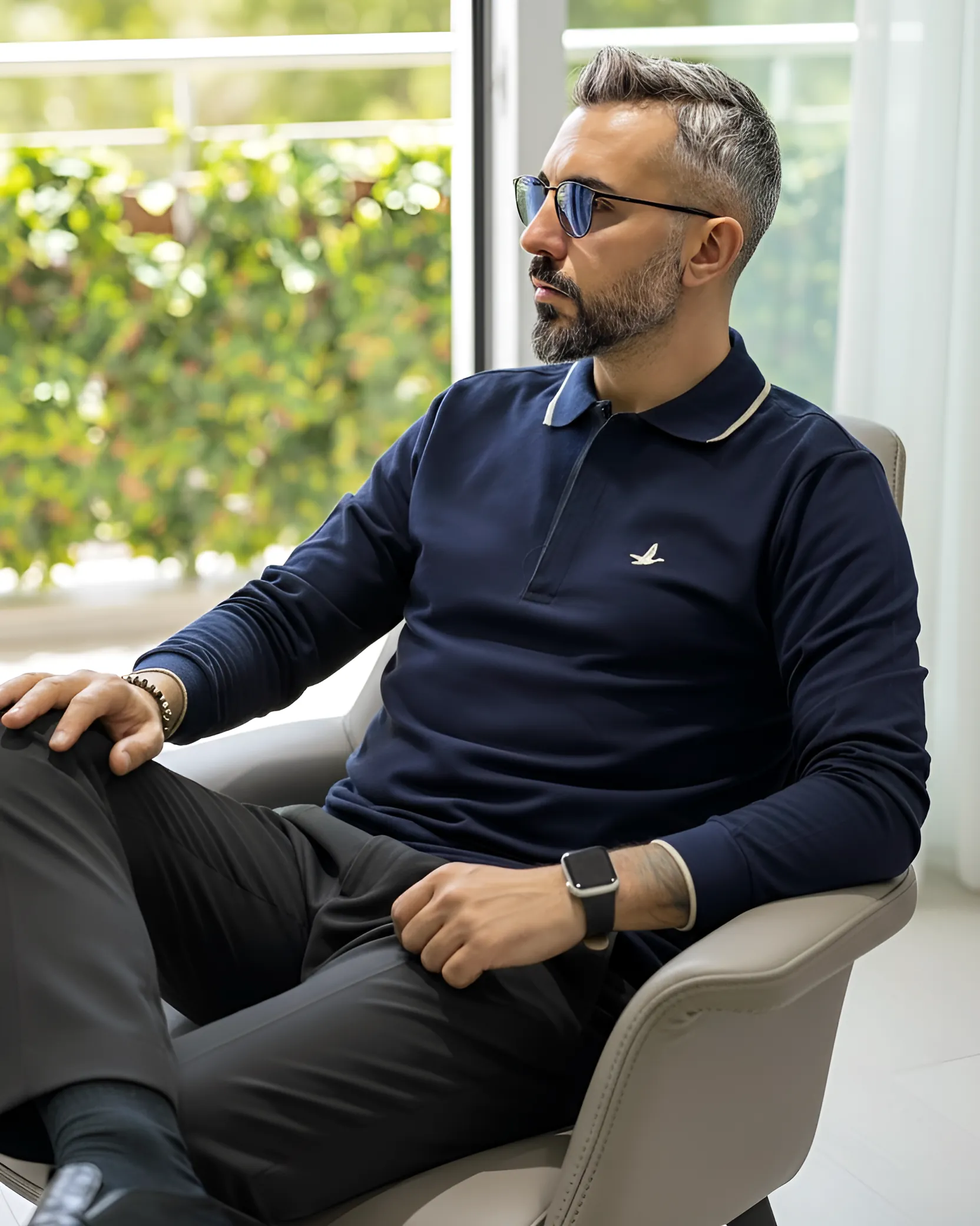 Uzun Kollu  Yarım Fermuarlı Pike Kumaş Erkek Polo - lacivert