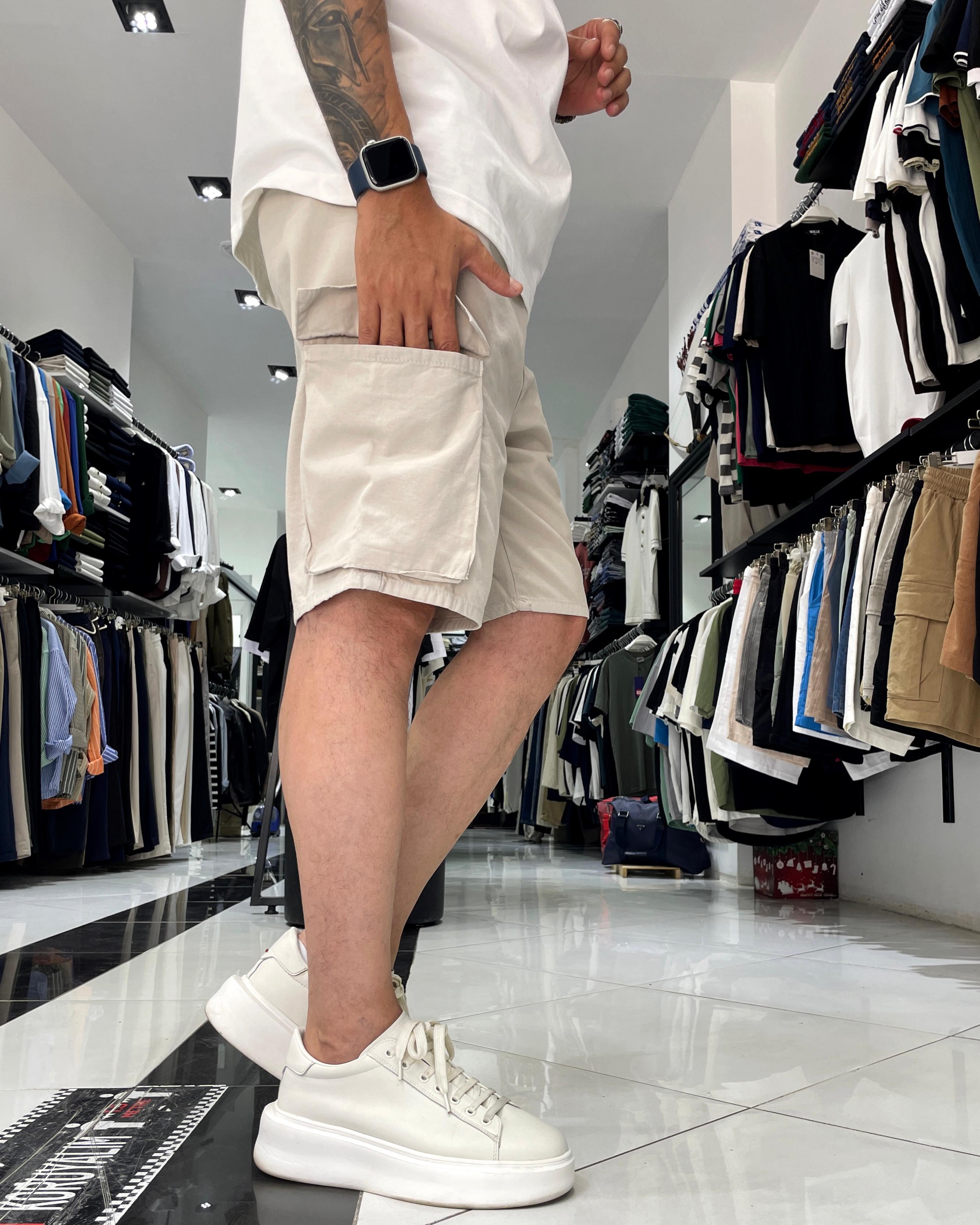 Elastic Waist Denim Shorts with Cargo Pockets - Grey