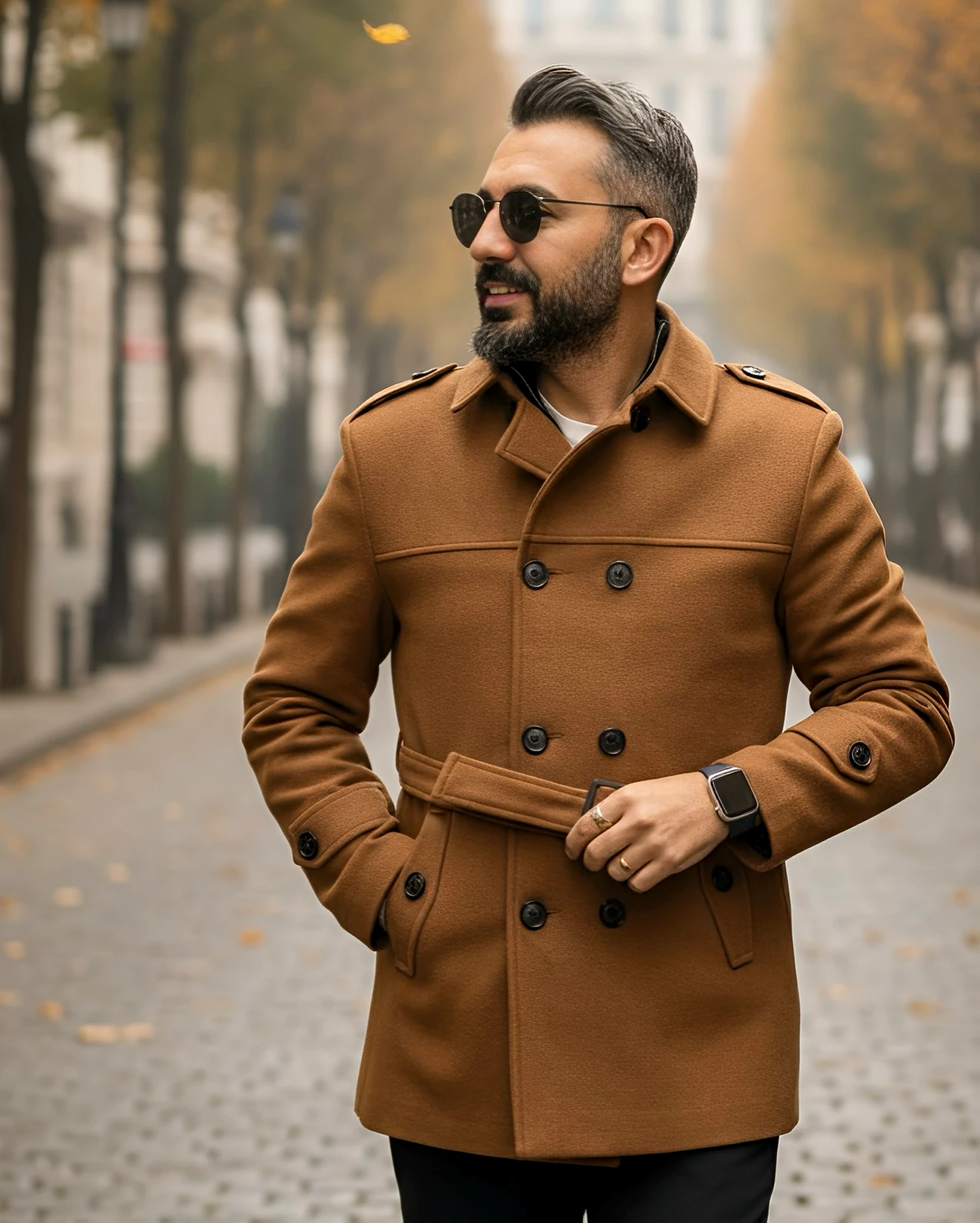Men's Cashmere Coat with Belt and Epaulette Detail - Camel