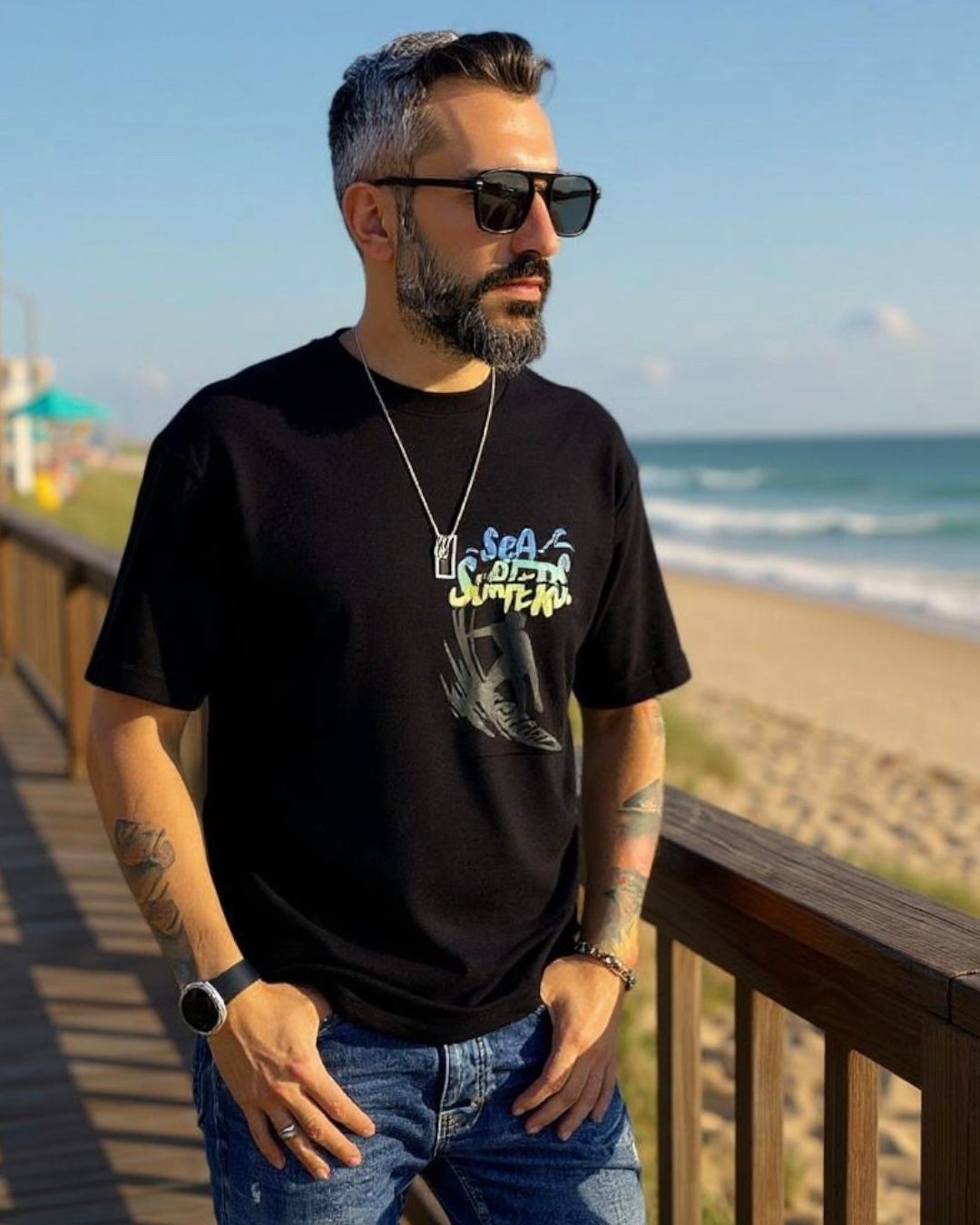 Sea Surfers Sloganlı Oversize T-Shirt - siyah