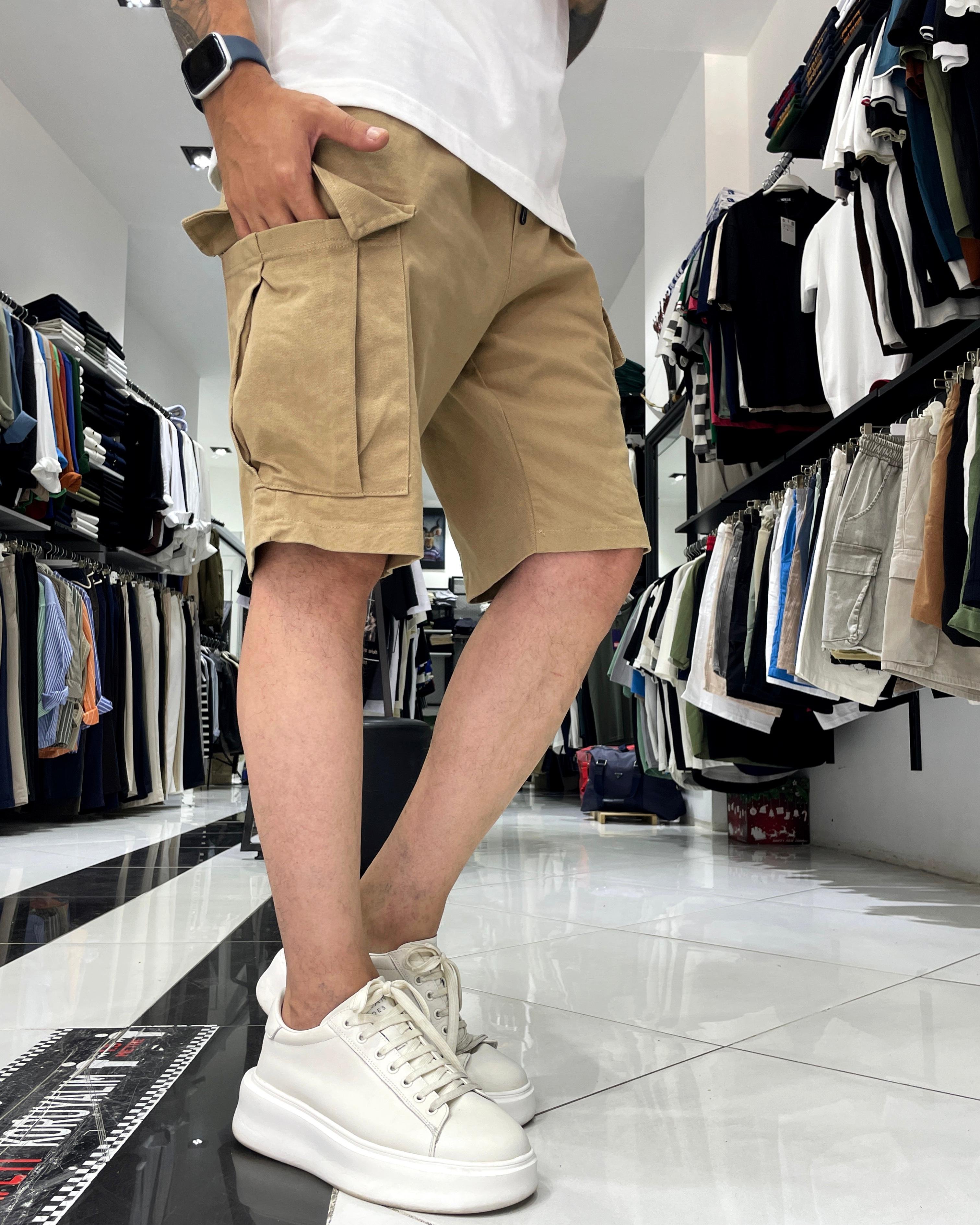Elastic Waist Denim Shorts with Cargo Pockets - Beige