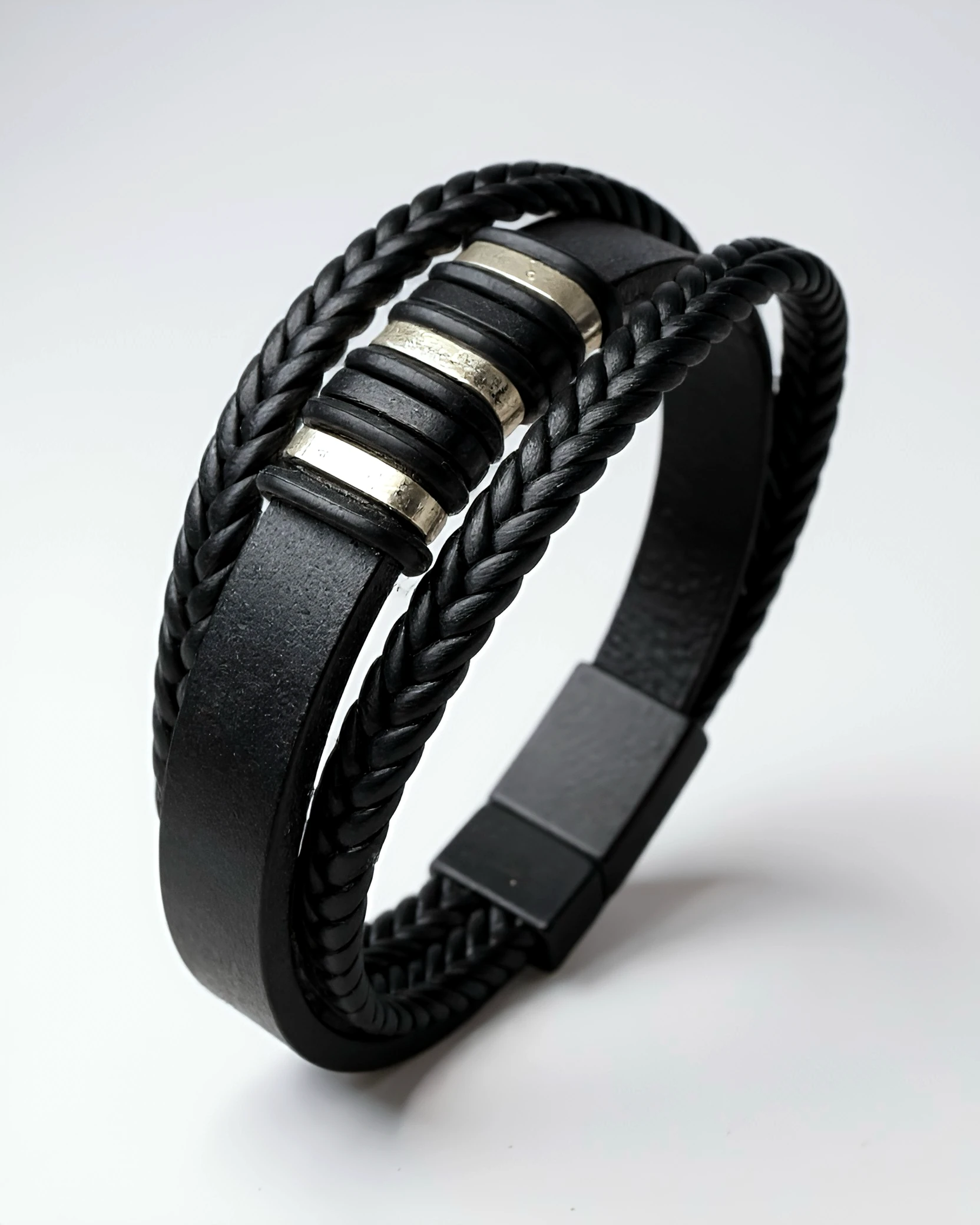 Urban Rings | Siyah Örgü Detaylı Erkek Bileklik