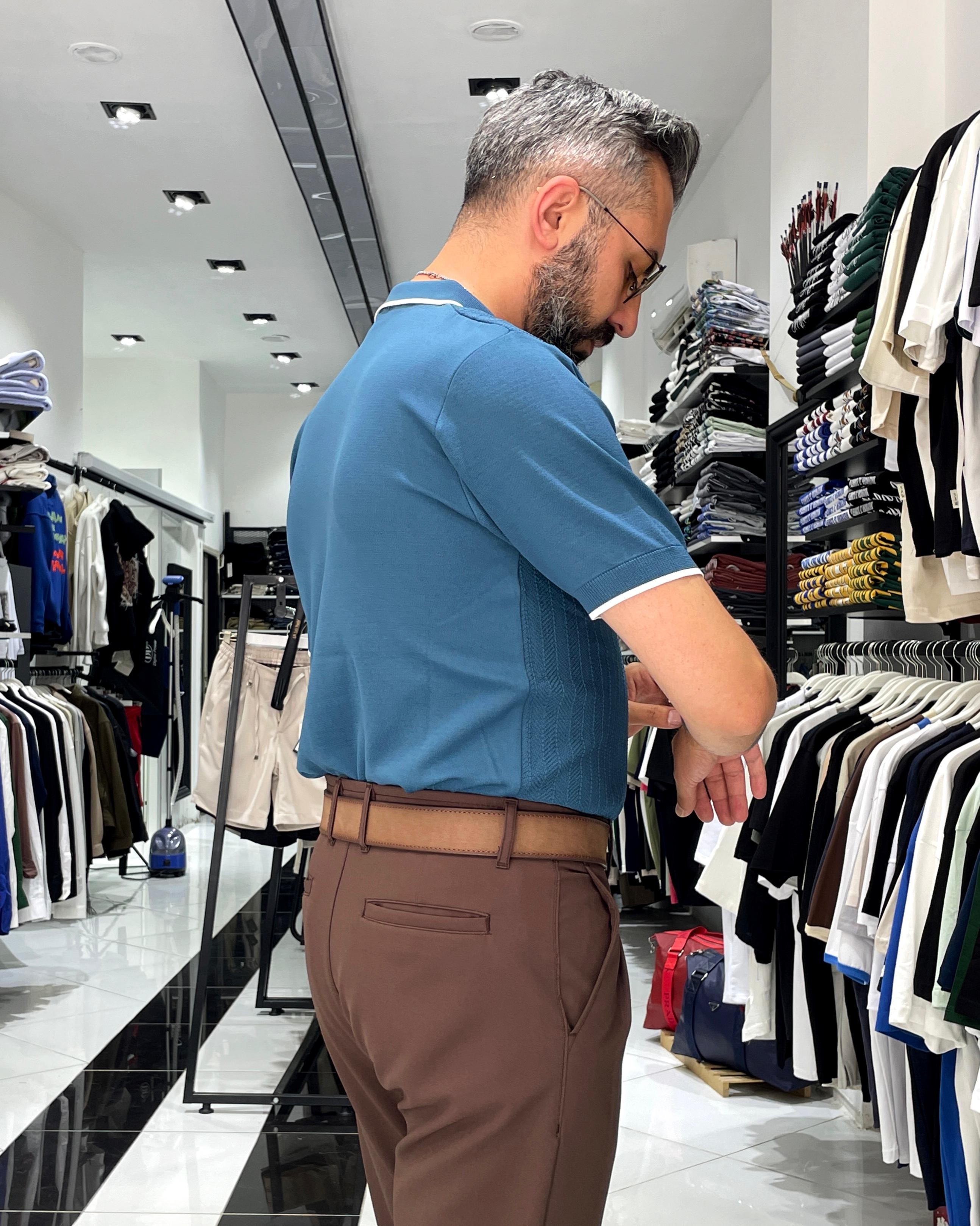 Fermuarlı Triko Polo Yaka Erkek Tişört - petrol mavisi