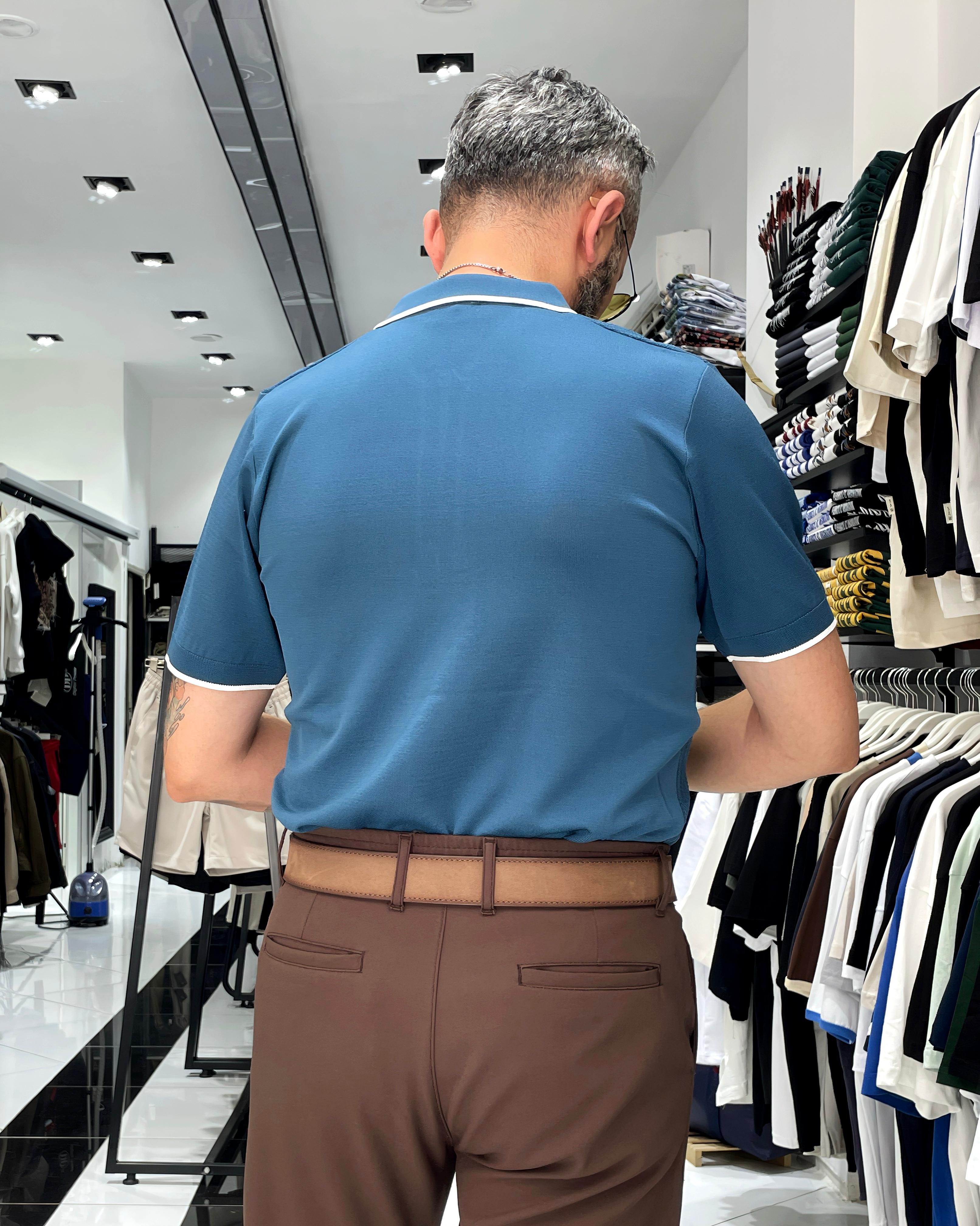 Fermuarlı Triko Polo Yaka Erkek Tişört - petrol mavisi