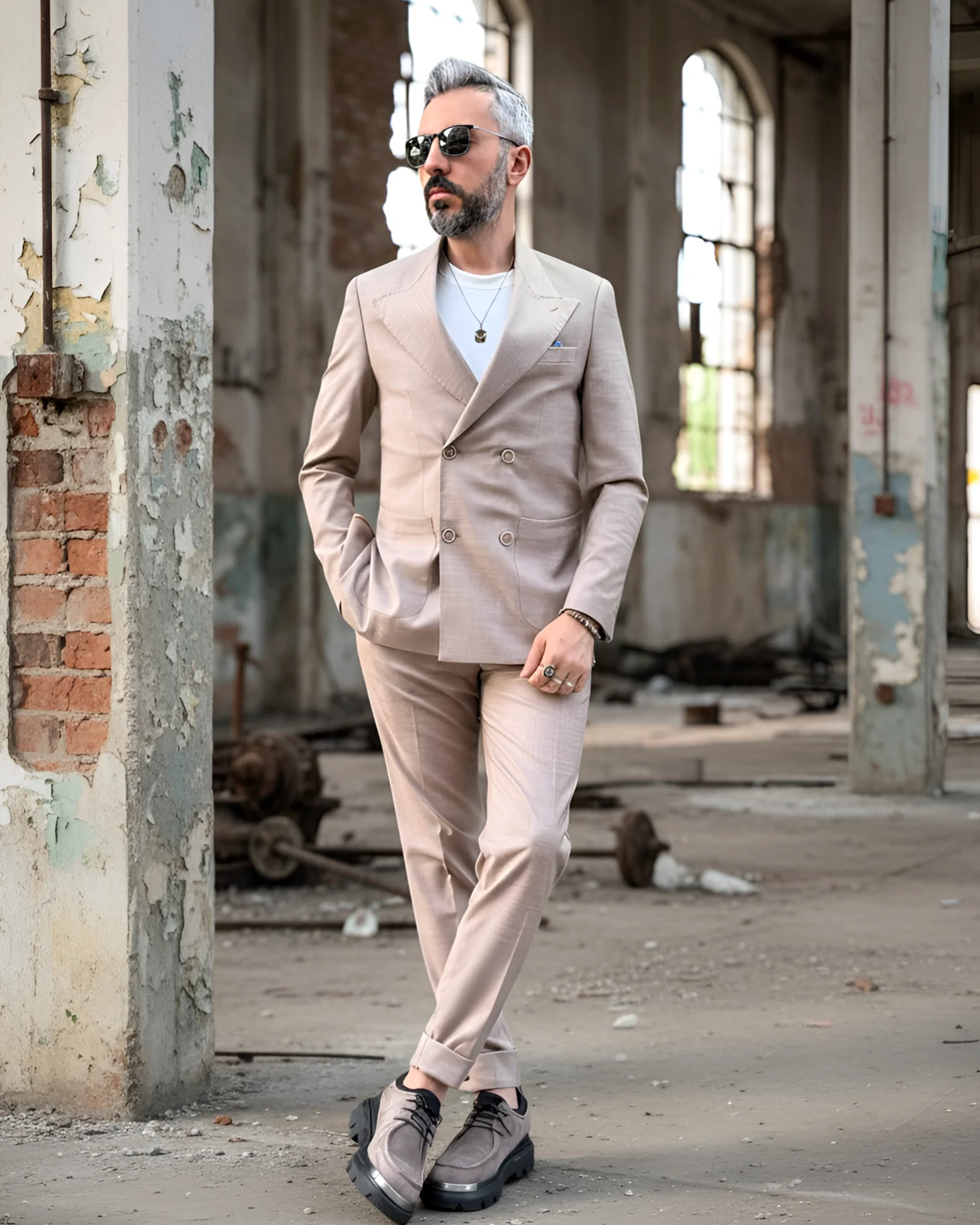 Nero Eleganza İtalyan Kesim Erkek Kruvaze Takım Elbise - bej