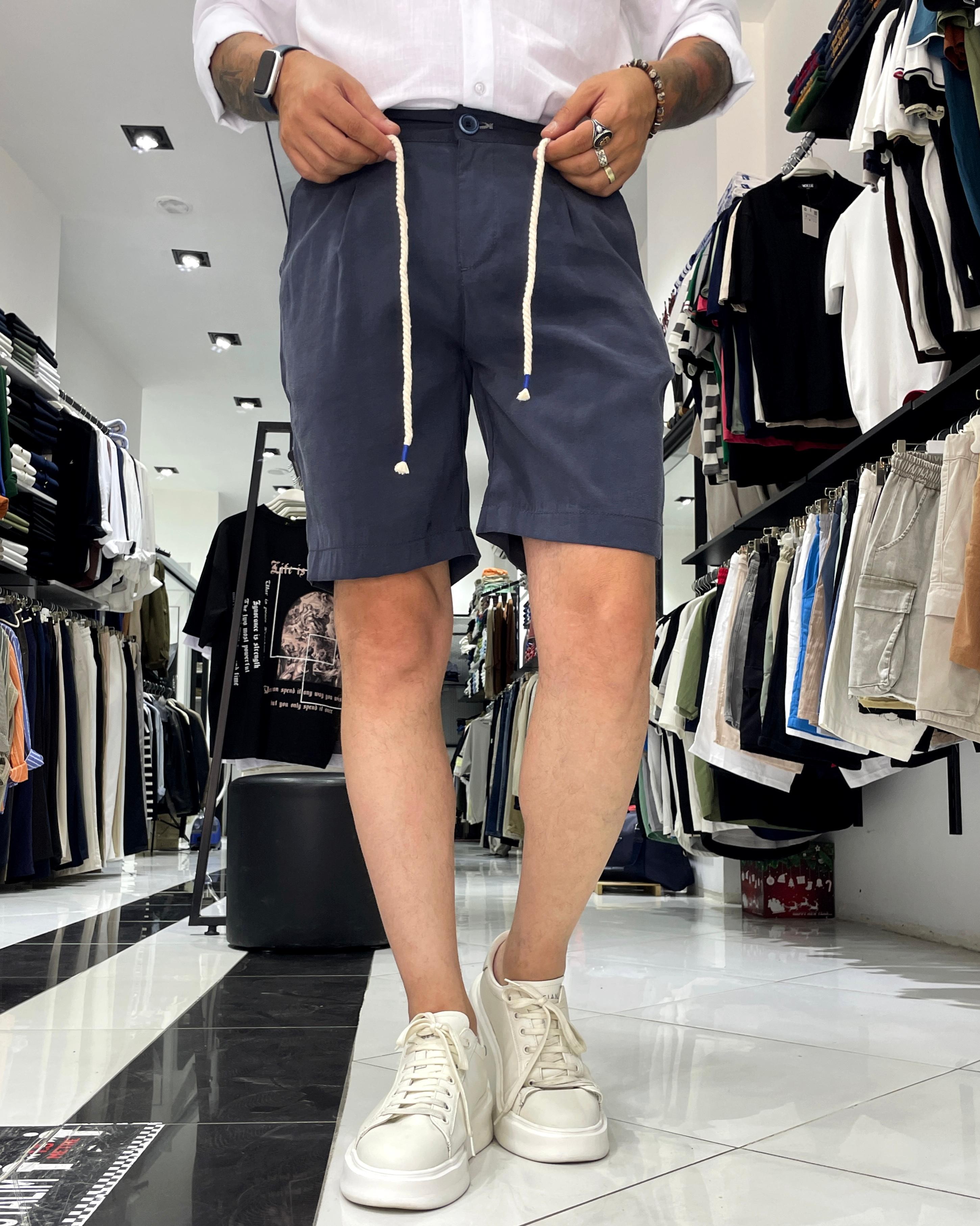 Modal Fabric Belt Detailed Men's Shorts - Navy blue